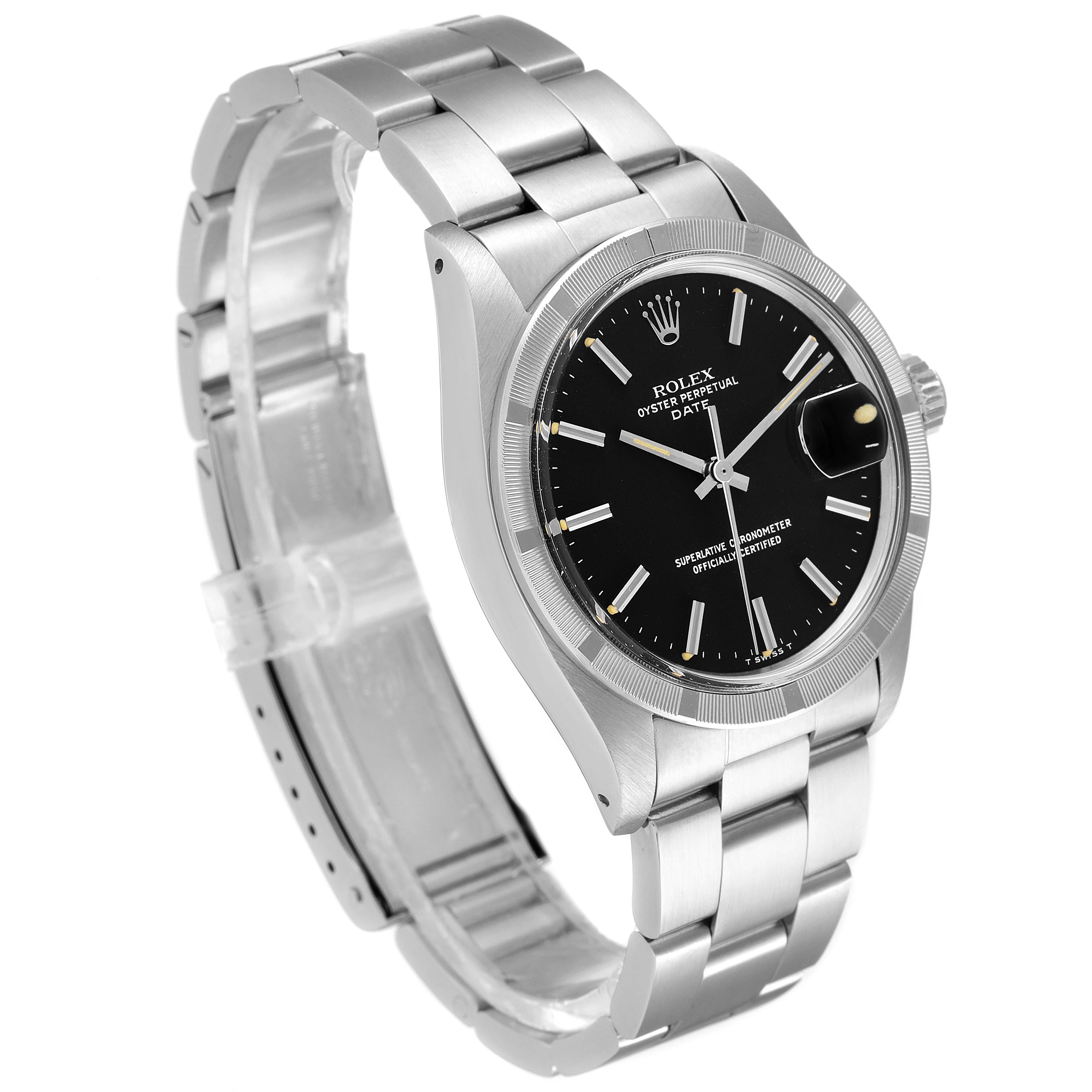 The image shows a side-angle view of the Rolex Vintage Collection 1501 Men
s Stainless Steel Black Dial 1501 Men
s Stainless Steel Black Dial watch, highlighting its face, bezel, and part of the bracelet.