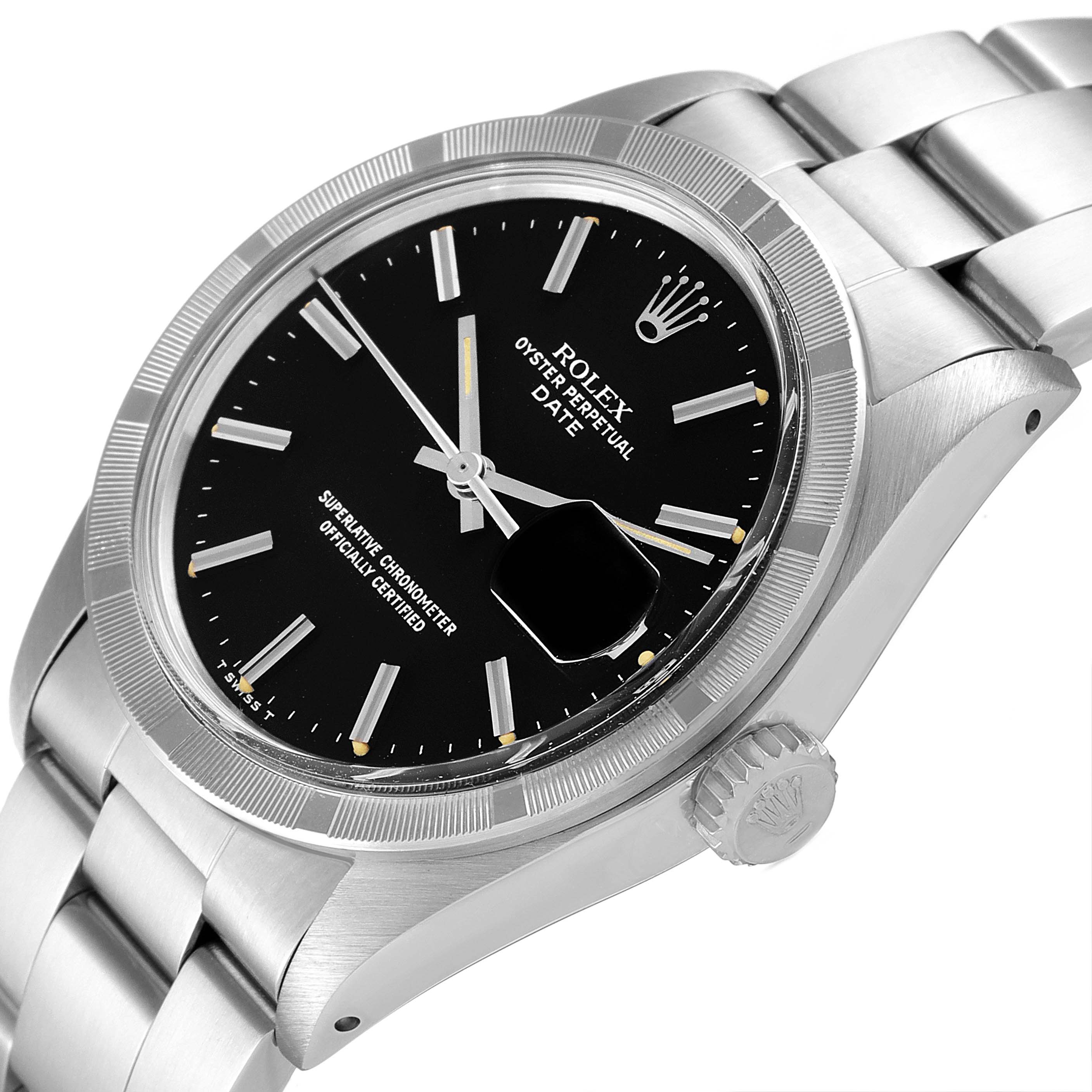 The image shows a Vintage Collection Rolex watch at a 3/4 angle, highlighting the black dial, fluted bezel, and oyster bracelet.