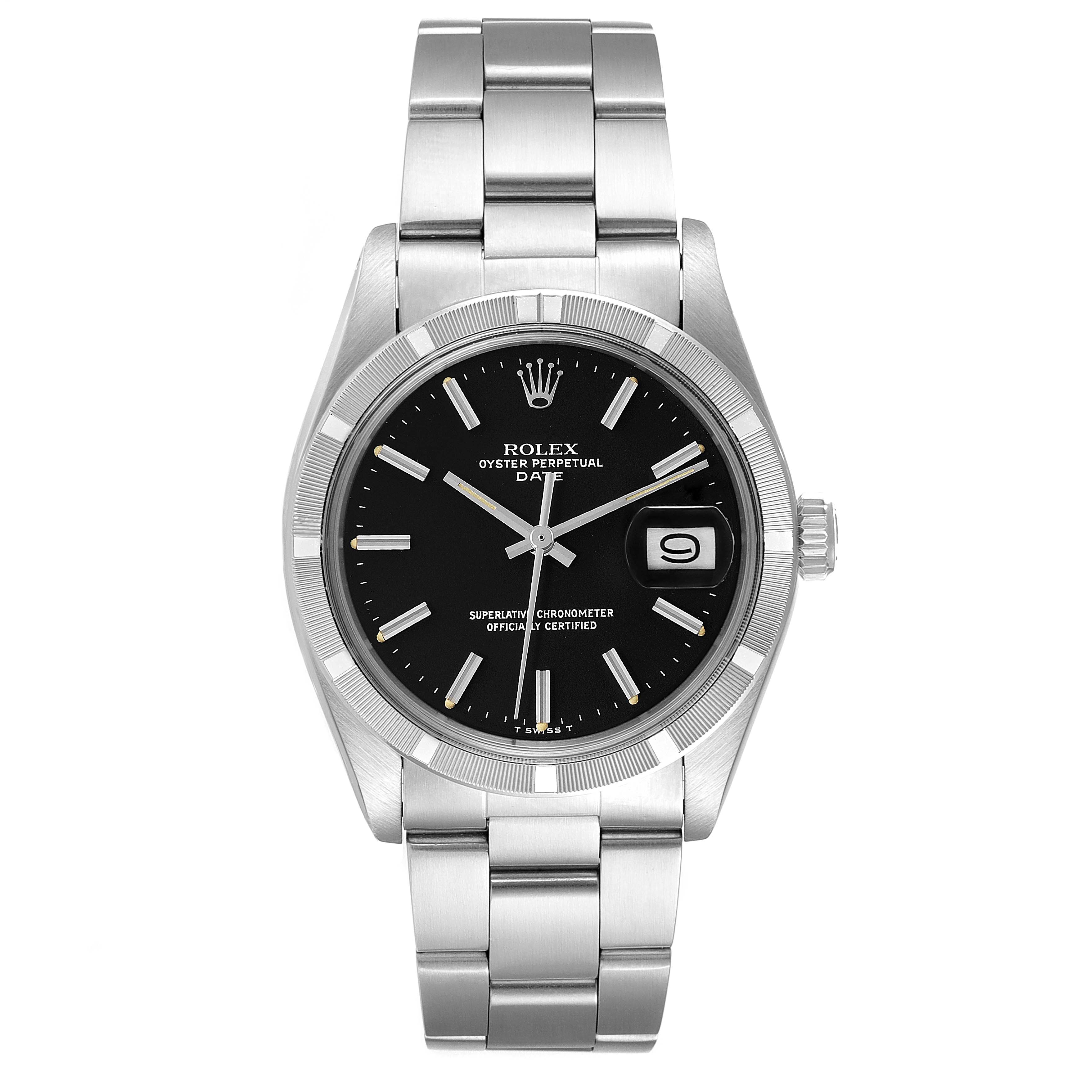 The Rolex Vintage Collection 1501 Men
s Stainless Steel Black Dial 1501 Men
s Stainless Steel Black Dial model is shown from the front, detailing the watch face, bezel, date window, and stainless steel bracelet.