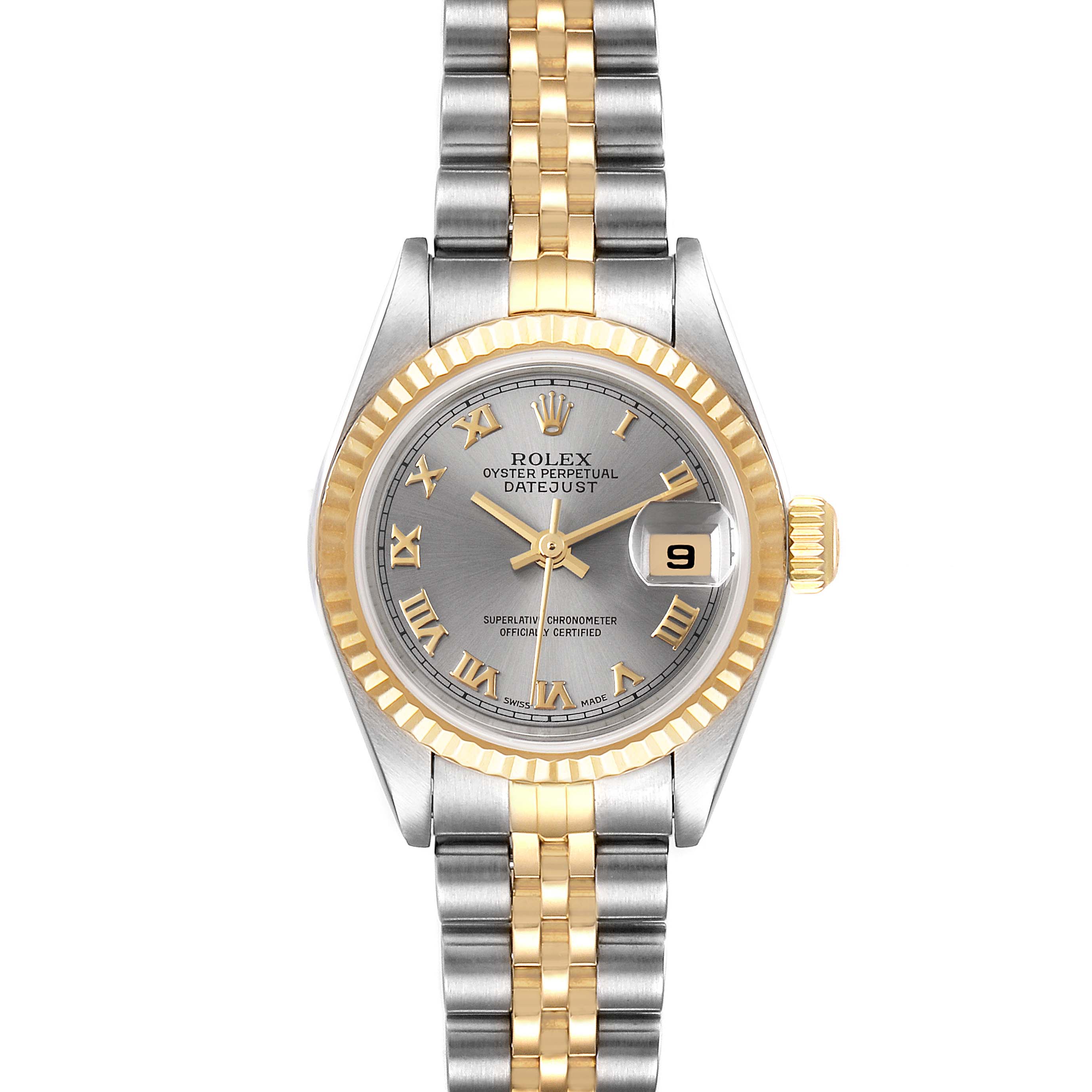 The image shows the front view of a Rolex Datejust 79173 Women
s Steel and Gold (two tone) Grey Dial 79173 Women
s Steel and Gold (two tone) Grey Dial watch, displaying its two-tone band, fluted bezel, and date window.
