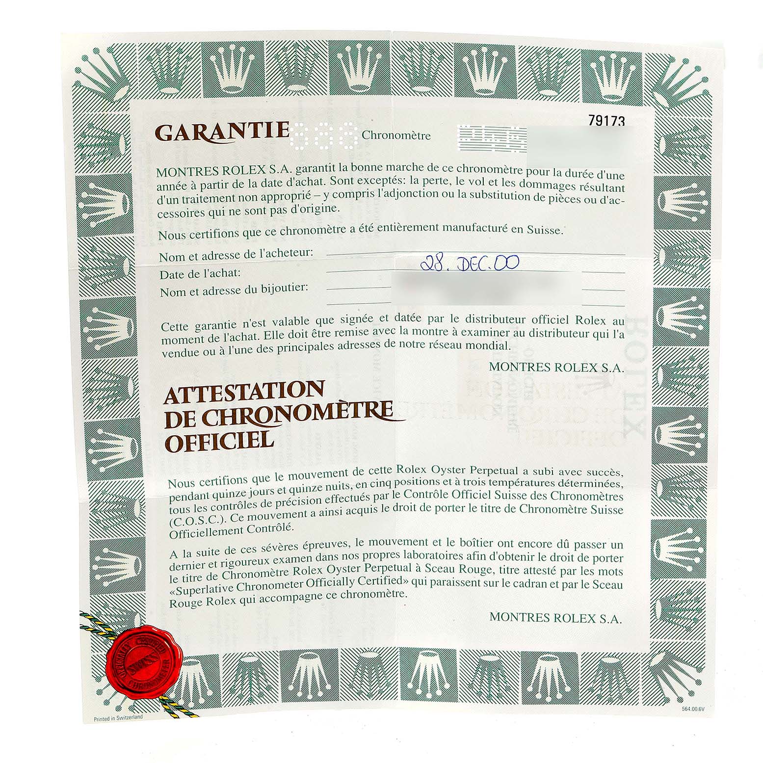 The image shows the warranty certificate and chronometer certification for the Rolex Datejust 79173 Women
s Steel and Gold (two tone) Grey Dial 79173 Women
s Steel and Gold (two tone) Grey Dial watch.