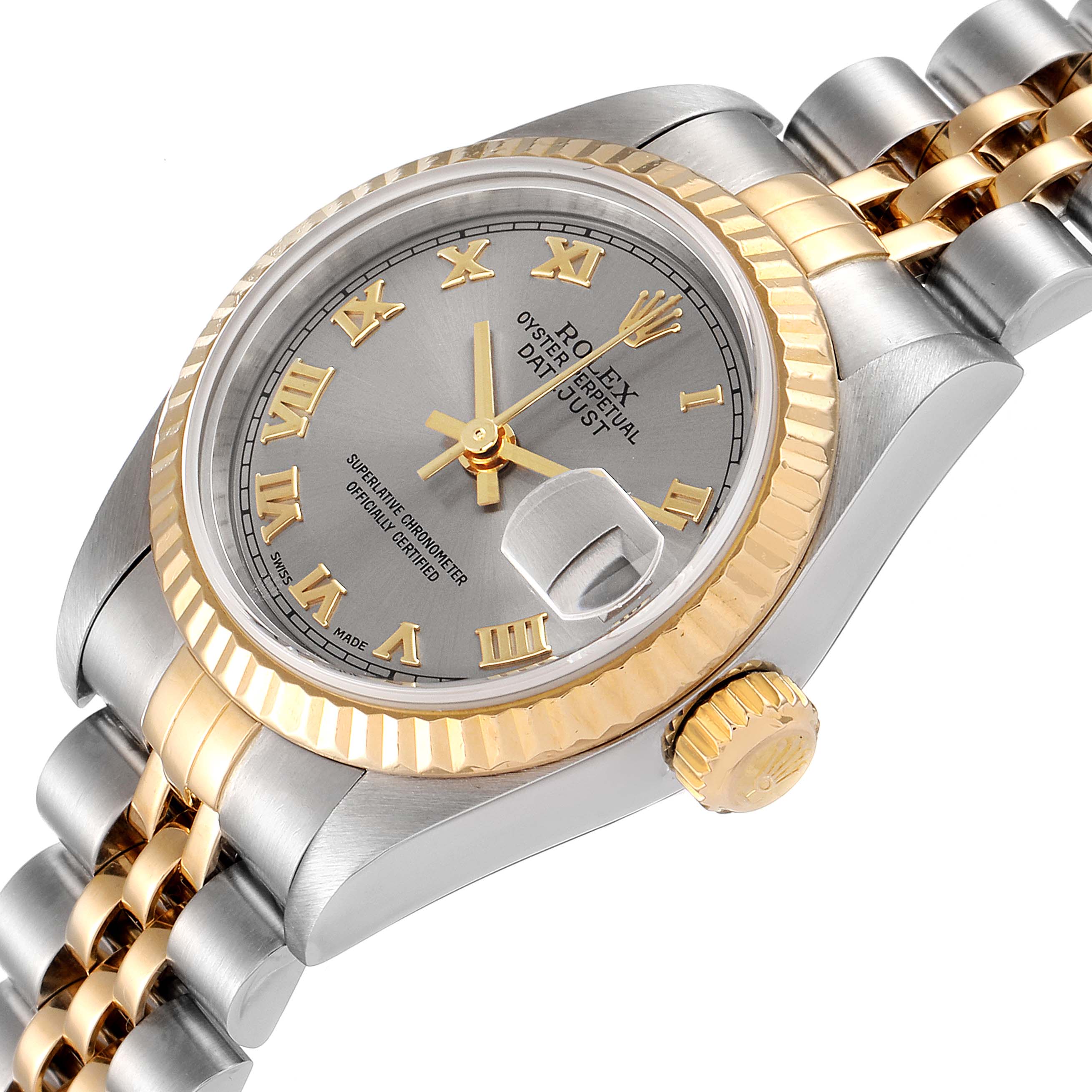 The image shows a close-up angled view of the Rolex Datejust 79173 Women
s Steel and Gold (two tone) Grey Dial 79173 Women
s Steel and Gold (two tone) Grey Dial watch, highlighting the dial, bezel, crown, and part of the bracelet.