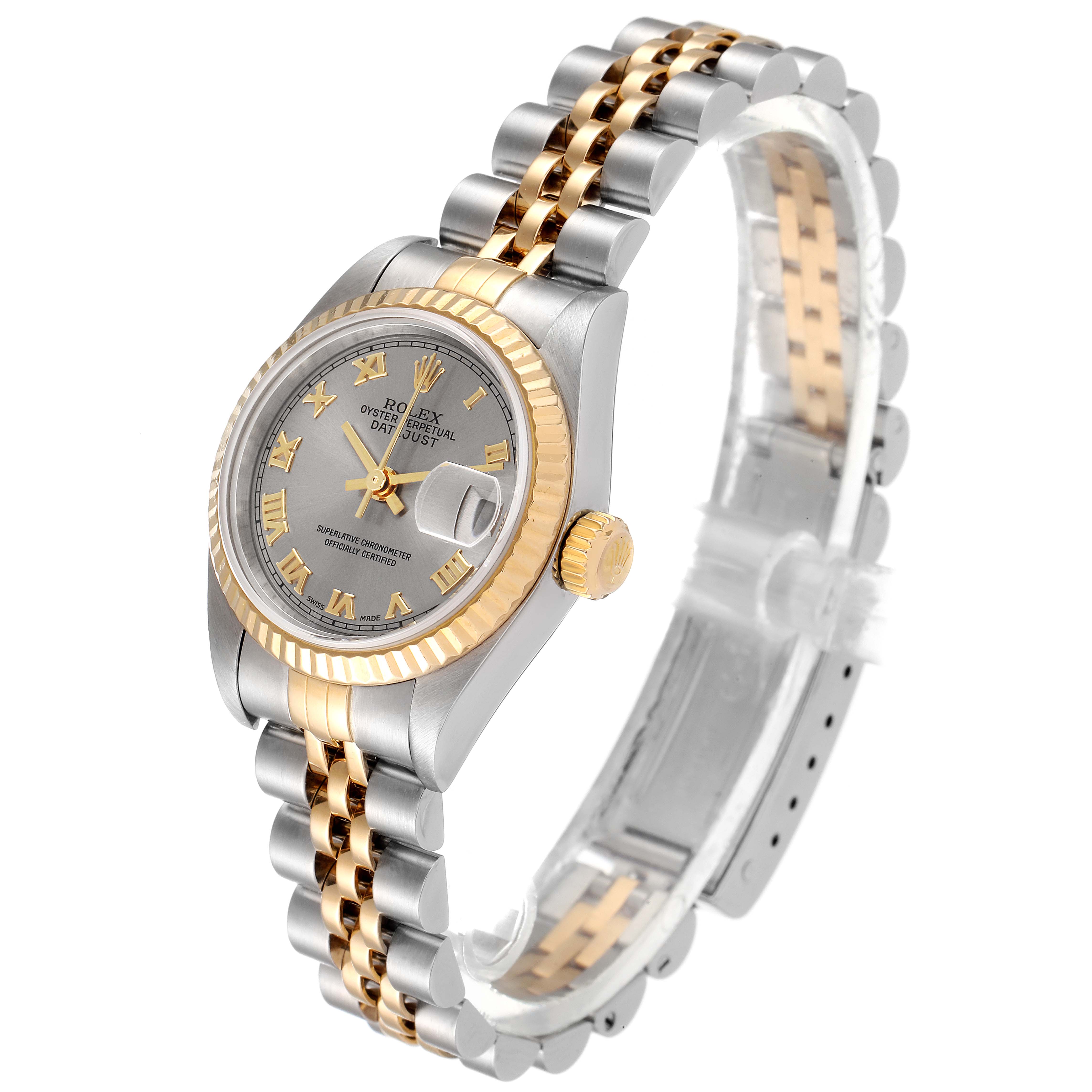 This image shows a Rolex Datejust 79173 Women
s Steel and Gold (two tone) Grey Dial 79173 Women
s Steel and Gold (two tone) Grey Dial model watch from an angled side view, highlighting the bezel, dial, crown, and bracelet.