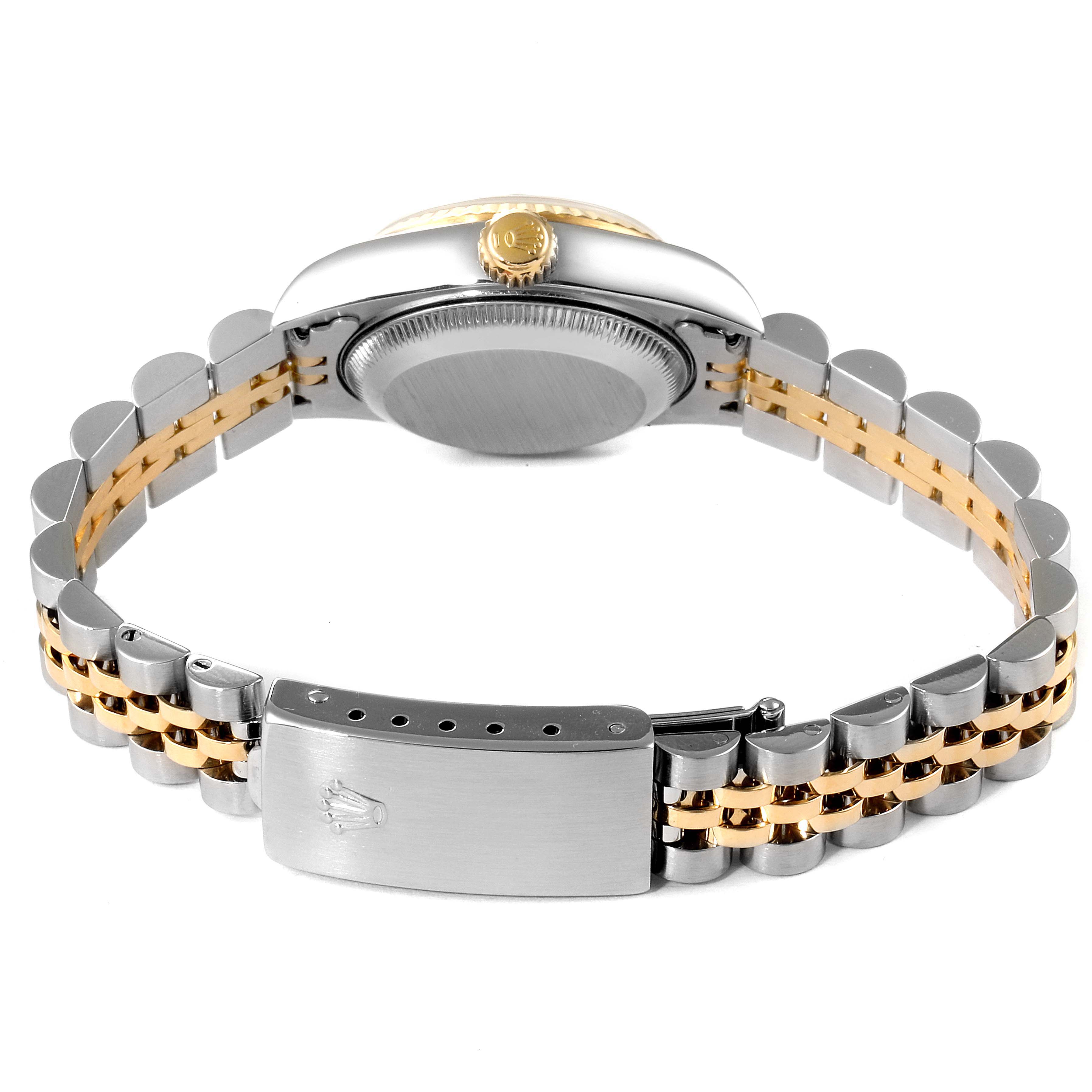 This image shows the back view of a Rolex Datejust 79173 Women
s Steel and Gold (two tone) Grey Dial 79173 Women
s Steel and Gold (two tone) Grey Dial watch, highlighting the case back, crown, and two-tone metal bracelet.