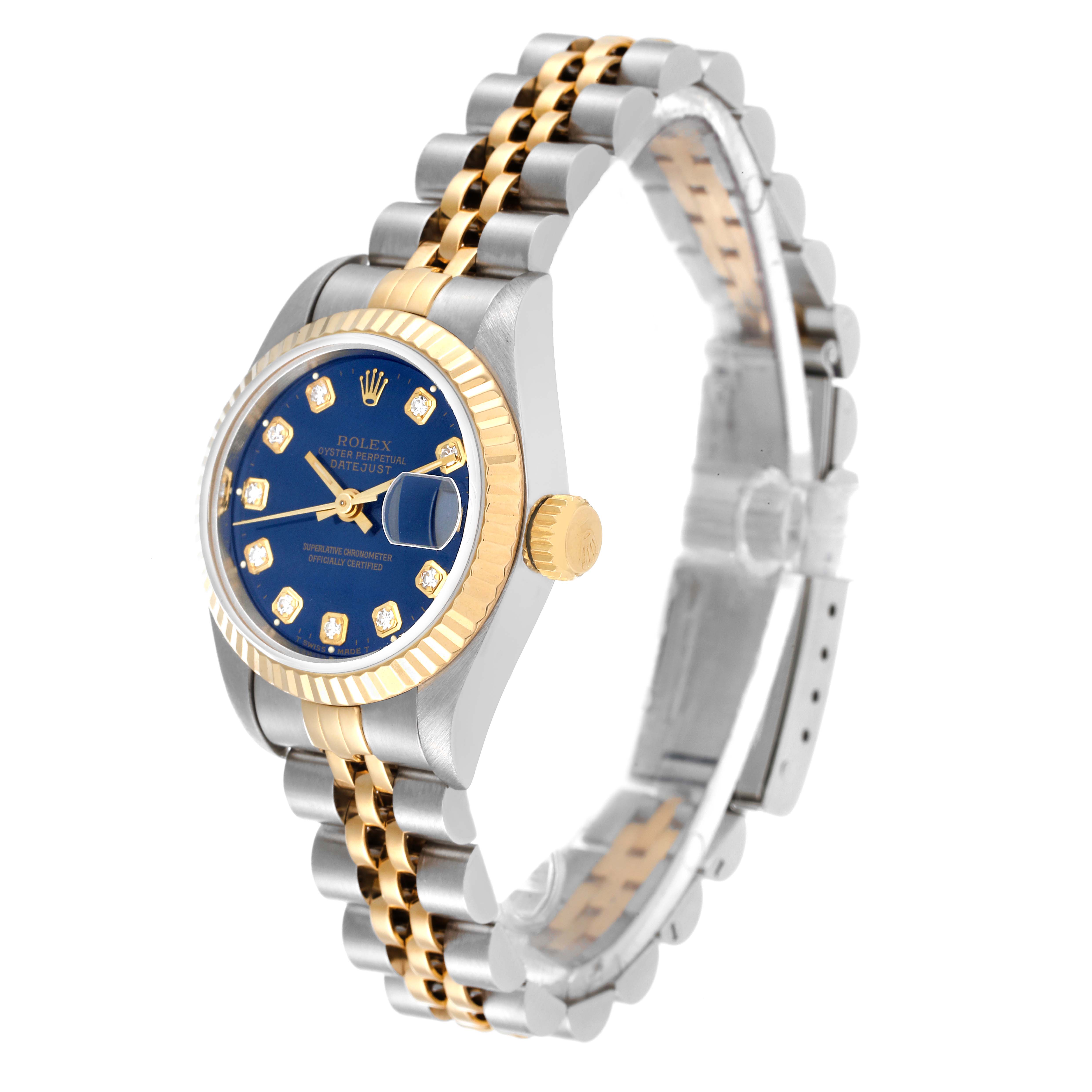 The image shows a Rolex Datejust 69173 Women's Steel and Gold (two tone) Blue Dial 69173 Women's Steel and Gold (two tone) Blue Dial watch at a three-quarter angle, highlighting the dial, bezel, and bracelet.