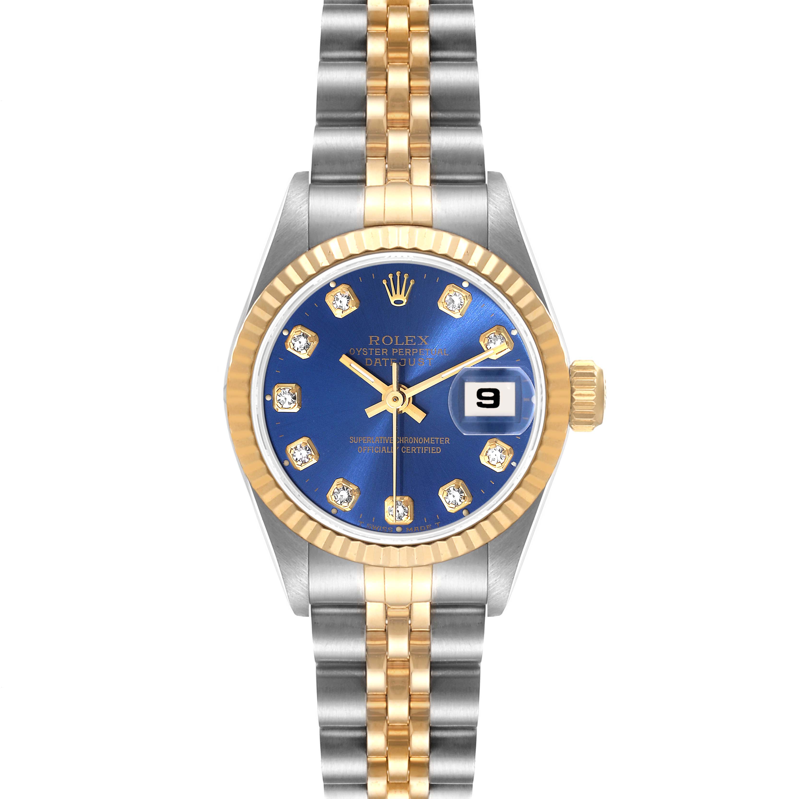 This image shows a front view of the Rolex Datejust 69173 Women's Steel and Gold (two tone) Blue Dial 69173 Women's Steel and Gold (two tone) Blue Dial watch, highlighting its blue dial, gold and silver bracelet, and date display.