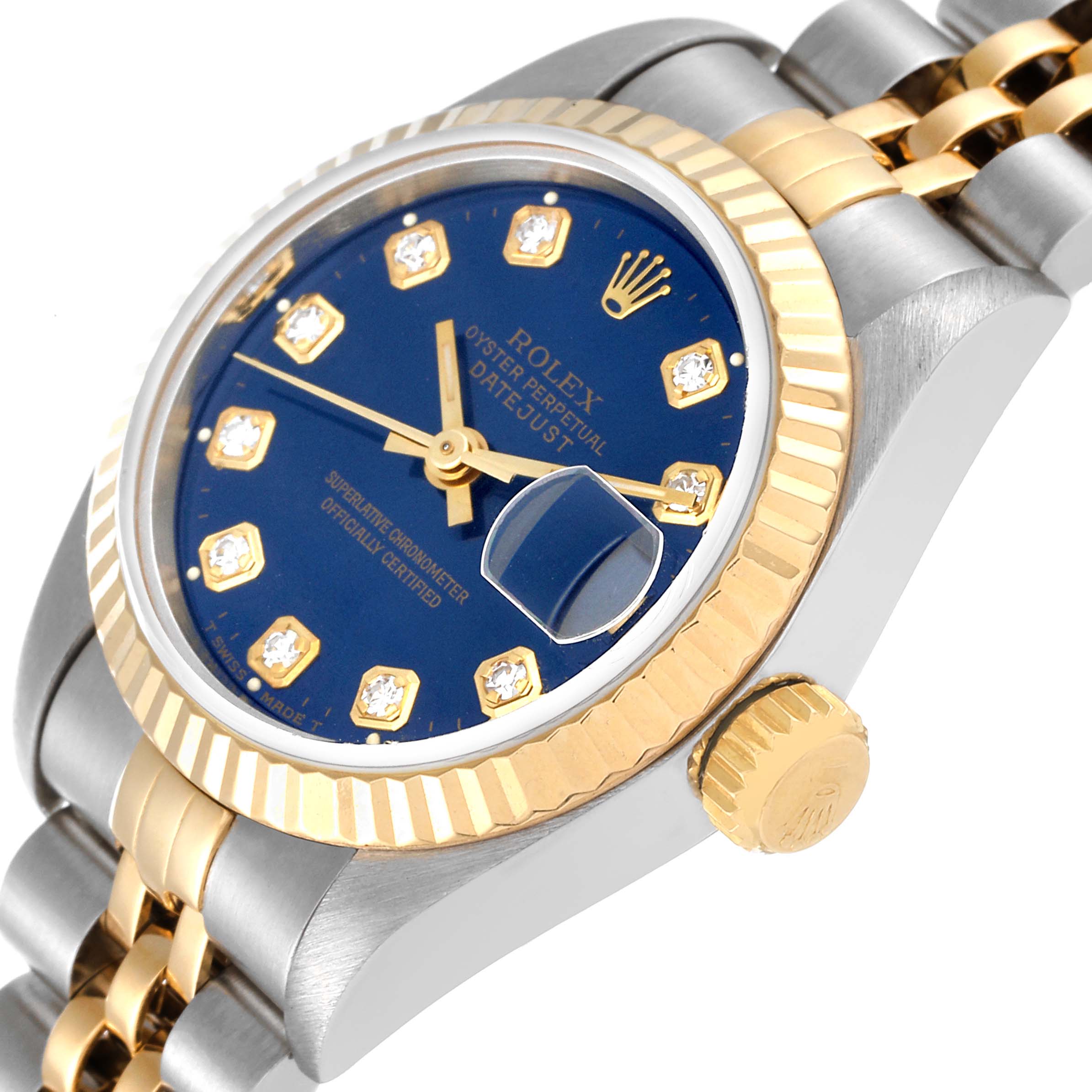 The Rolex Datejust 69173 Women's Steel and Gold (two tone) Blue Dial 69173 Women's Steel and Gold (two tone) Blue Dial watch is shown at an angle highlighting the bezel, crown, dial, and portion of the bracelet.