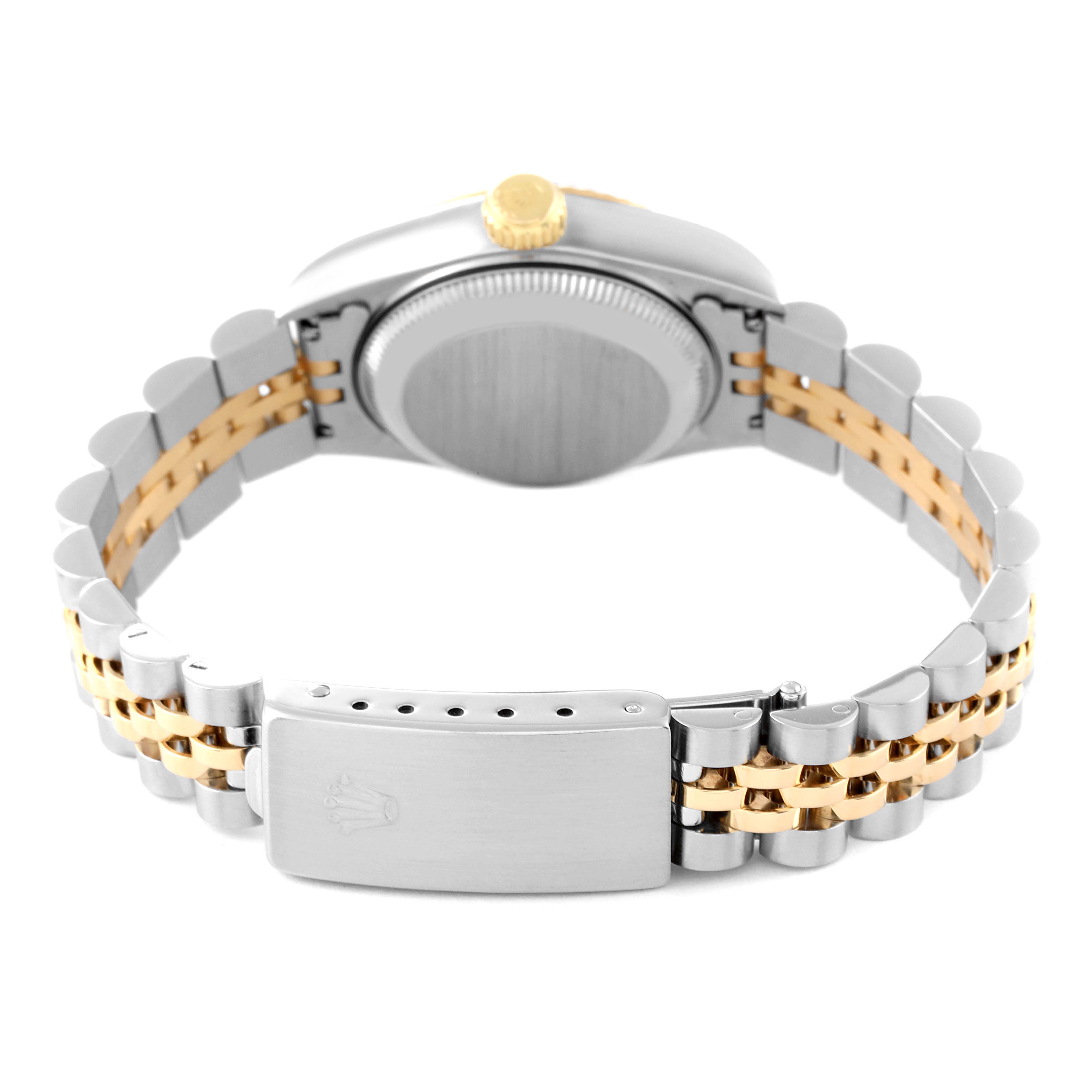 The image shows the back view of a Rolex Datejust 69173 Women's Steel and Gold (two tone) Blue Dial 69173 Women's Steel and Gold (two tone) Blue Dial watch, highlighting the bracelet, clasp, case back, and crown.