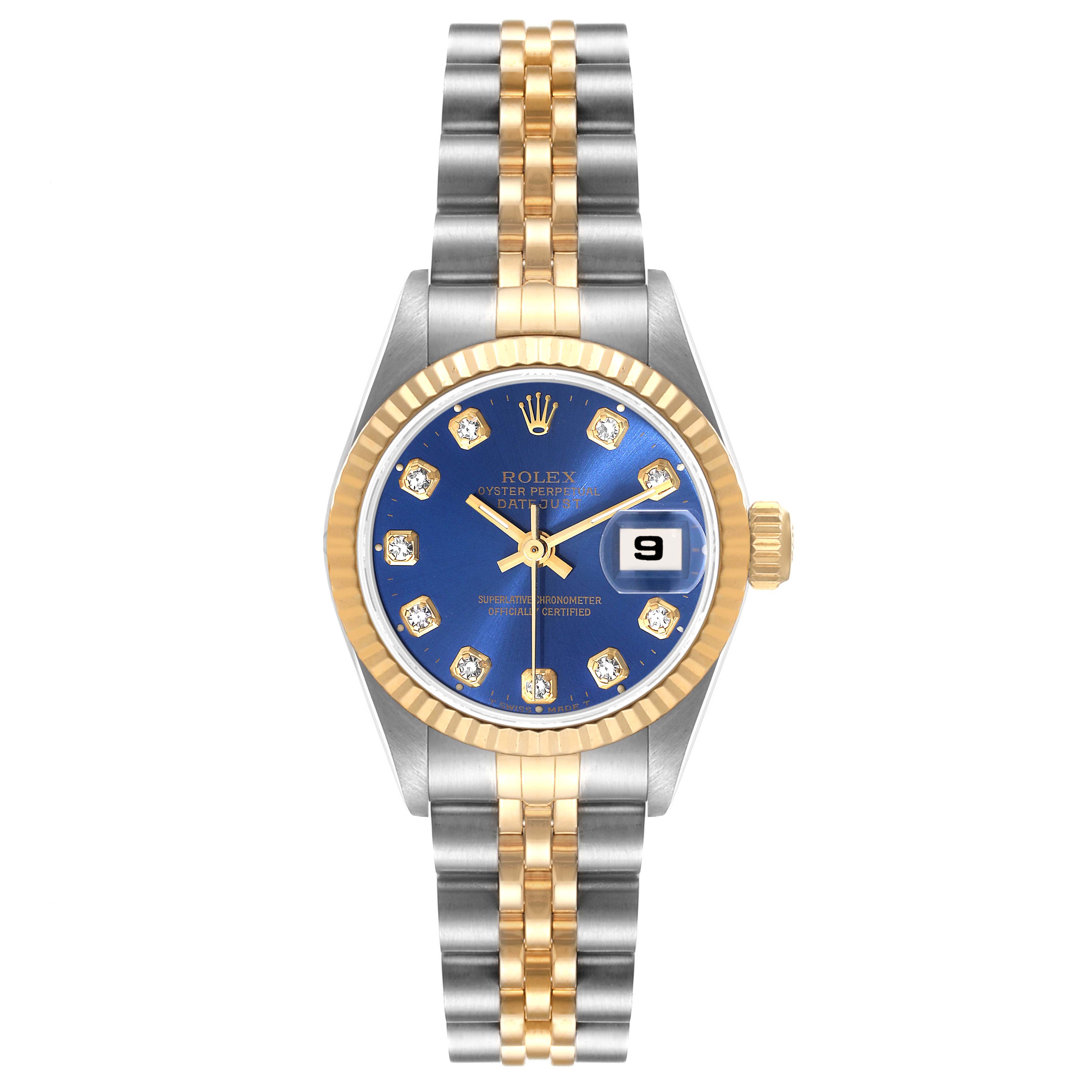 This image shows the Rolex Datejust 69173 Women's Steel and Gold (two tone) Blue Dial 69173 Women's Steel and Gold (two tone) Blue Dial watch from a top-down angle, featuring its blue dial, diamond markers, date function, and two-tone bracelet.