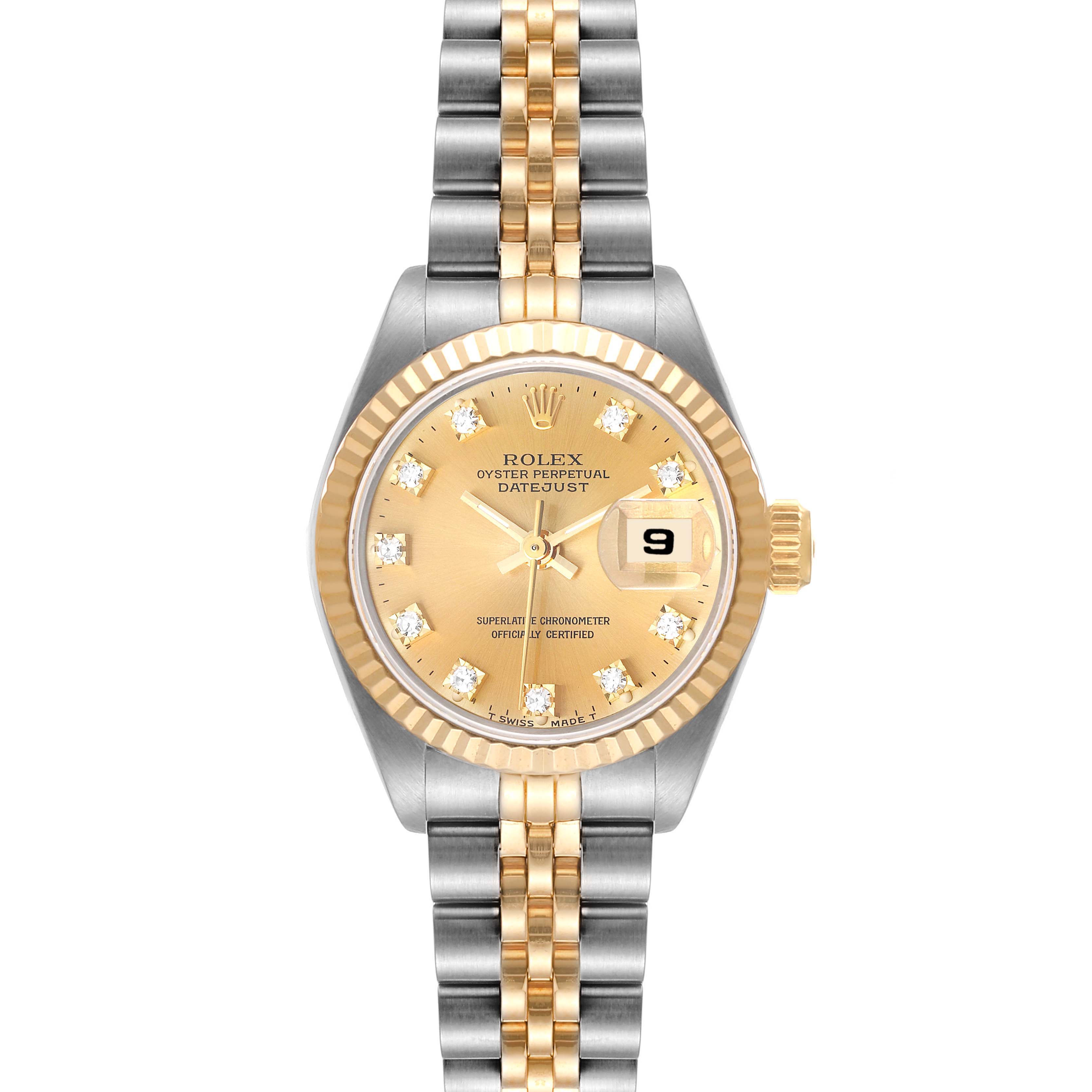 This is a front view of a Rolex Datejust 69173 Women's Steel and Gold (two tone) Champagne Dial 69173 Women's Steel and Gold (two tone) Champagne Dial watch showcasing the face, fluted bezel, crown, and Jubilee bracelet.