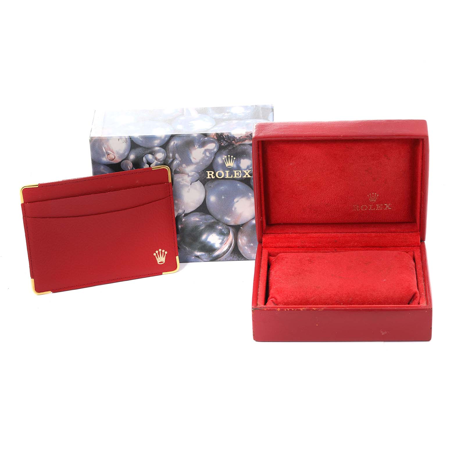 The image shows a Rolex Datejust 69173 Women's Steel and Gold (two tone) Champagne Dial 69173 Women's Steel and Gold (two tone) Champagne Dial watch box, cardholder, and outer packaging, all viewed from the front.