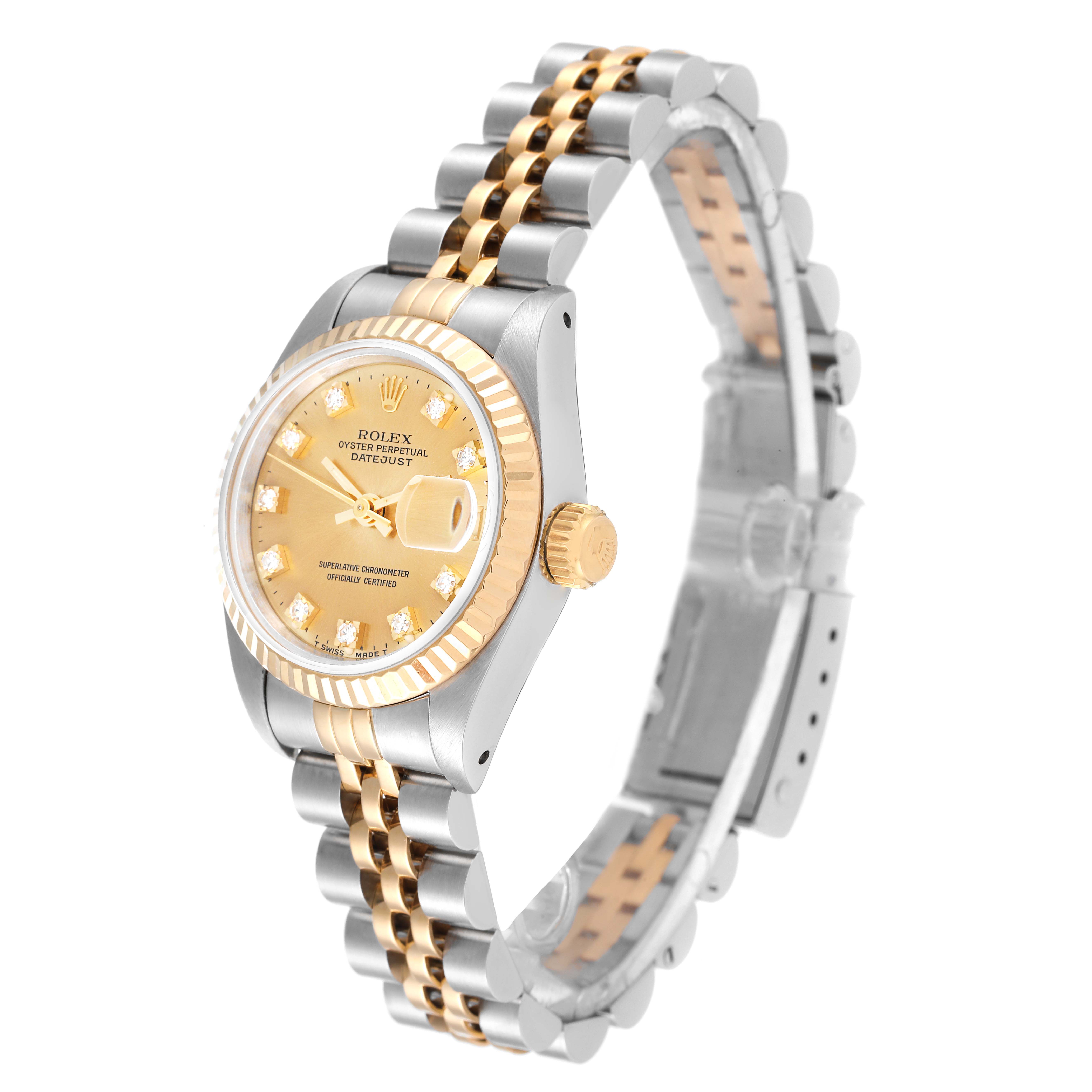 The Rolex Datejust 69173 Women's Steel and Gold (two tone) Champagne Dial 69173 Women's Steel and Gold (two tone) Champagne Dial watch is shown at a three-quarter angle, displaying its bracelet, dial, bezel, and crown.