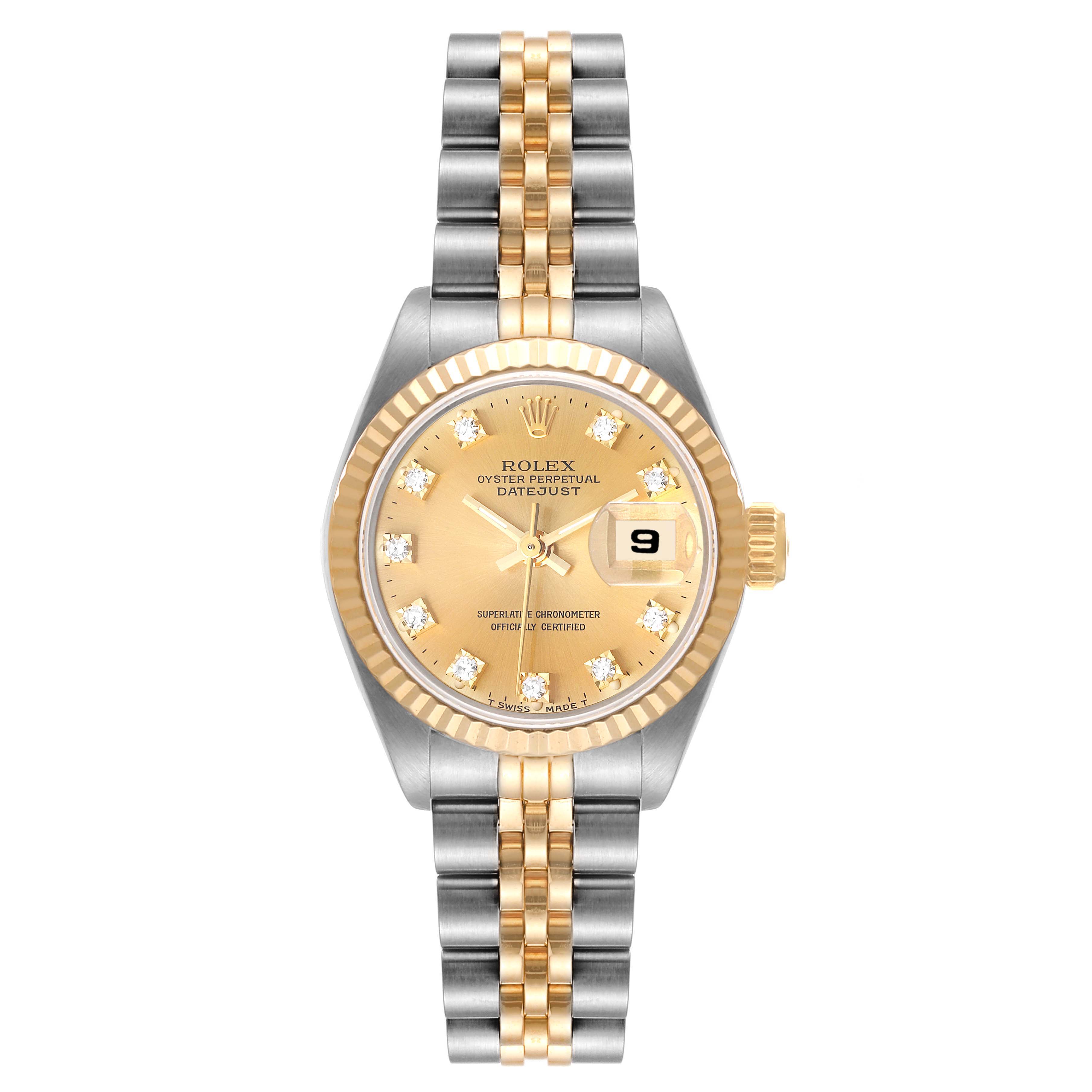 The Rolex Datejust 69173 Women's Steel and Gold (two tone) Champagne Dial 69173 Women's Steel and Gold (two tone) Champagne Dial watch is shown from a front angle, displaying its gold dial, date window, and two-tone bracelet.