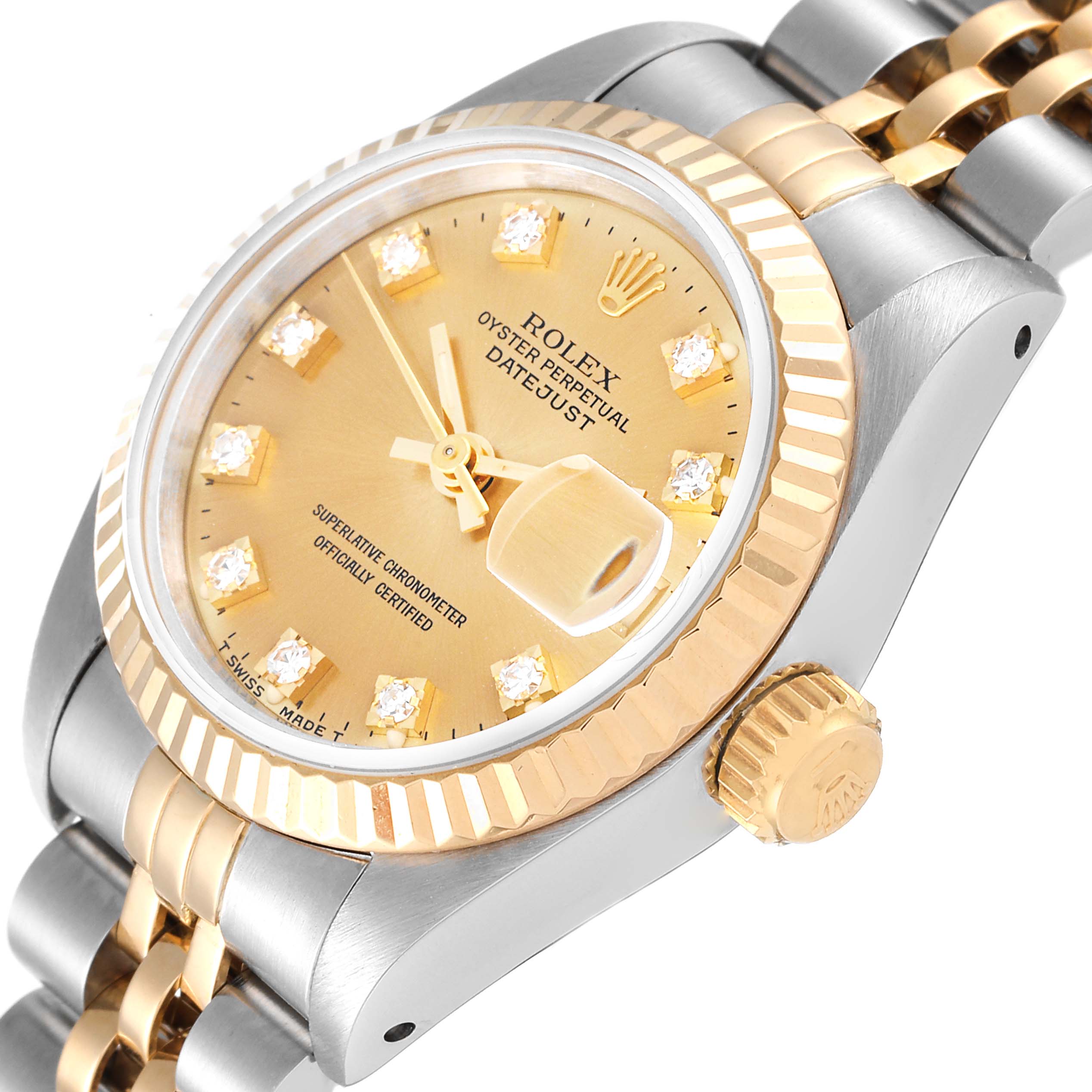 The image shows the face, bezel, crown, and part of the bracelet of a Rolex Datejust 69173 Women's Steel and Gold (two tone) Champagne Dial 69173 Women's Steel and Gold (two tone) Champagne Dial watch from a side angle.