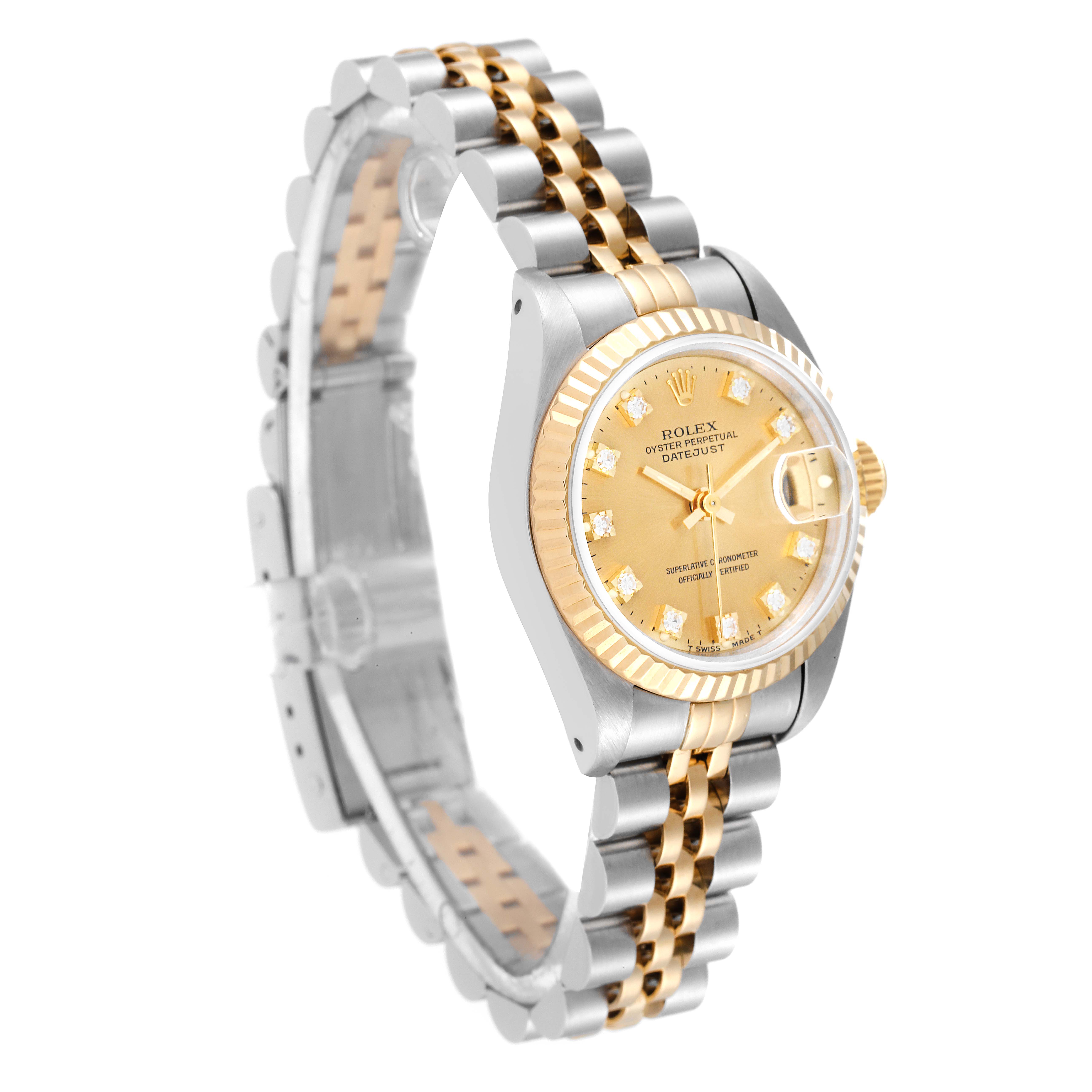 This Rolex Datejust 69173 Women's Steel and Gold (two tone) Champagne Dial 69173 Women's Steel and Gold (two tone) Champagne Dial watch is shown at a slight side angle, displaying the face, bezel, and part of the metal bracelet.