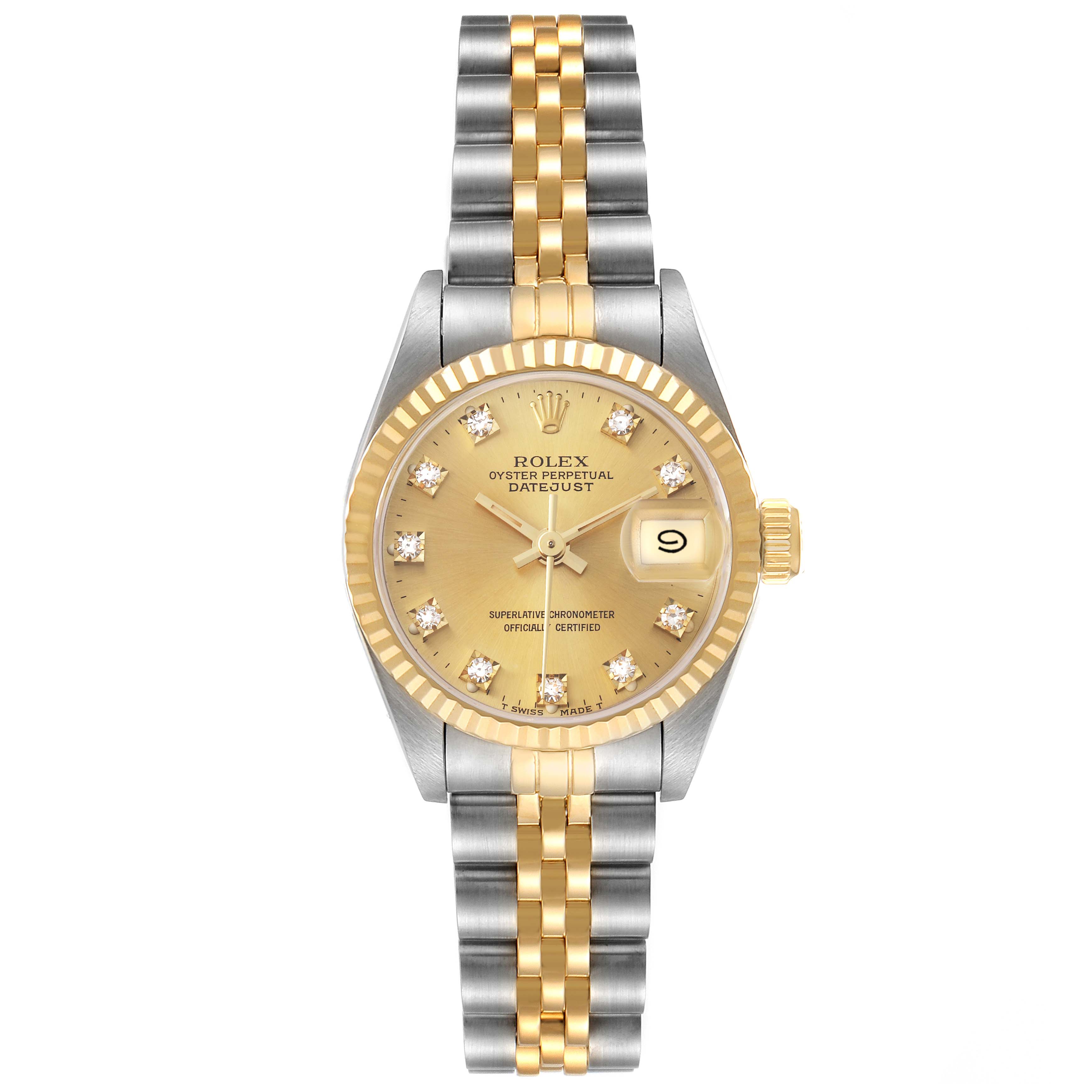 The image shows the front view of a Rolex Datejust 69173 Women's Steel and Gold (two tone) Champagne Dial 69173 Women's Steel and Gold (two tone) Champagne Dial watch, highlighting the dial, bezel, and two-tone bracelet.