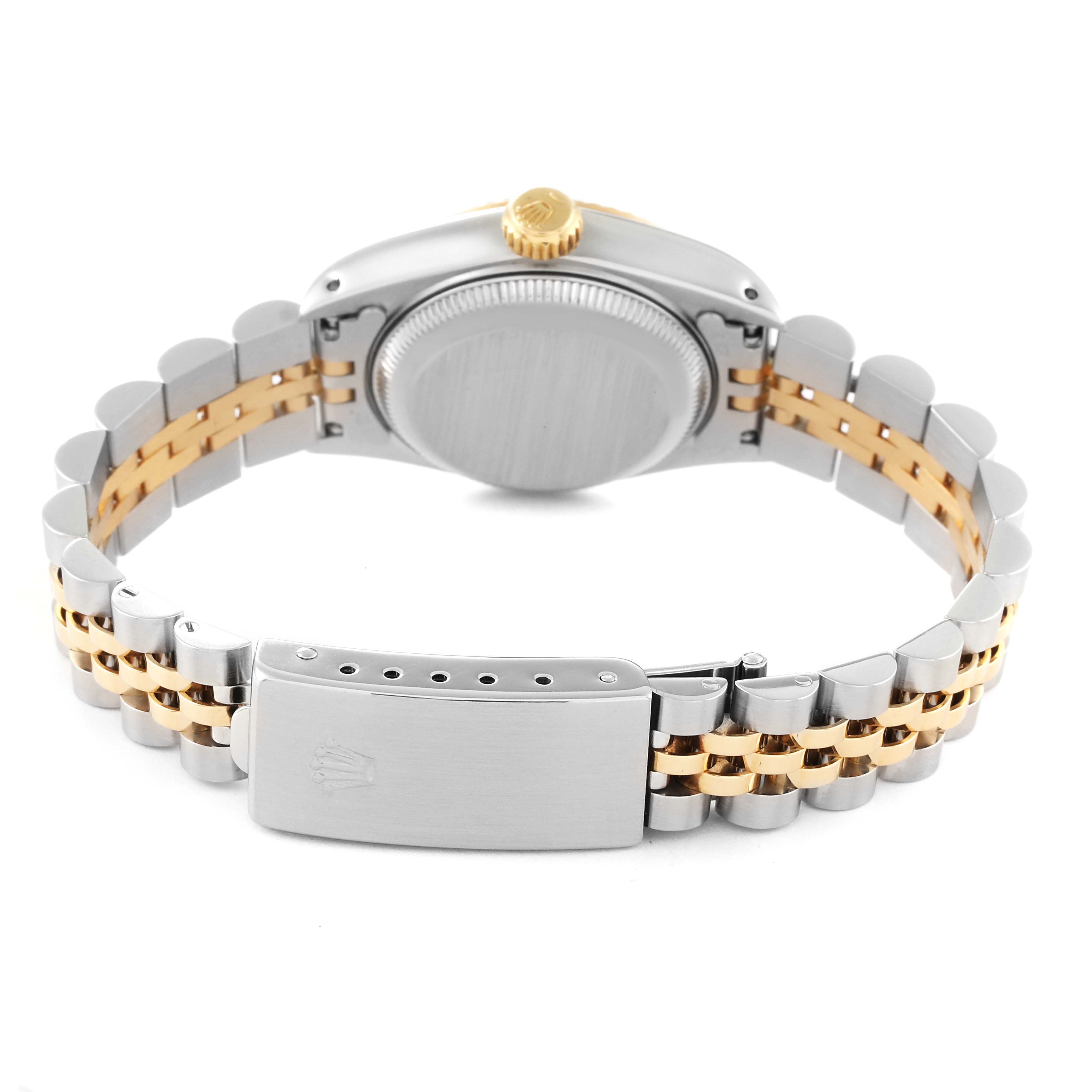 The image shows the back of a Rolex Datejust 69173 Women's Steel and Gold (two tone) Champagne Dial 69173 Women's Steel and Gold (two tone) Champagne Dial watch, highlighting its stainless steel and gold bracelet and clasp.