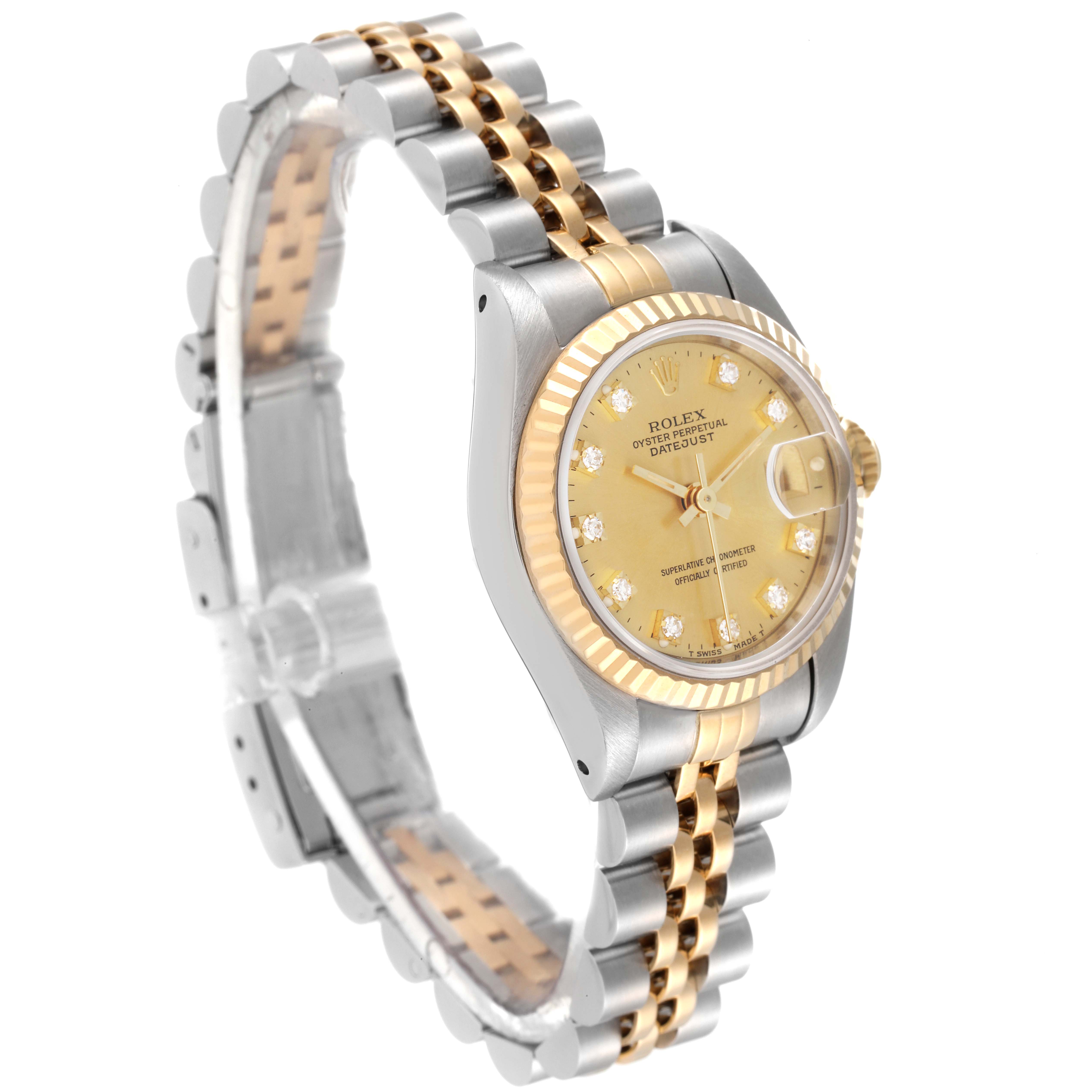 The image shows a Rolex Datejust 69173 Women's Steel and Gold (two tone) Champagne Dial 69173 Women's Steel and Gold (two tone) Champagne Dial watch at a three-quarter angle, highlighting the dial, bezel, and bracelet.
