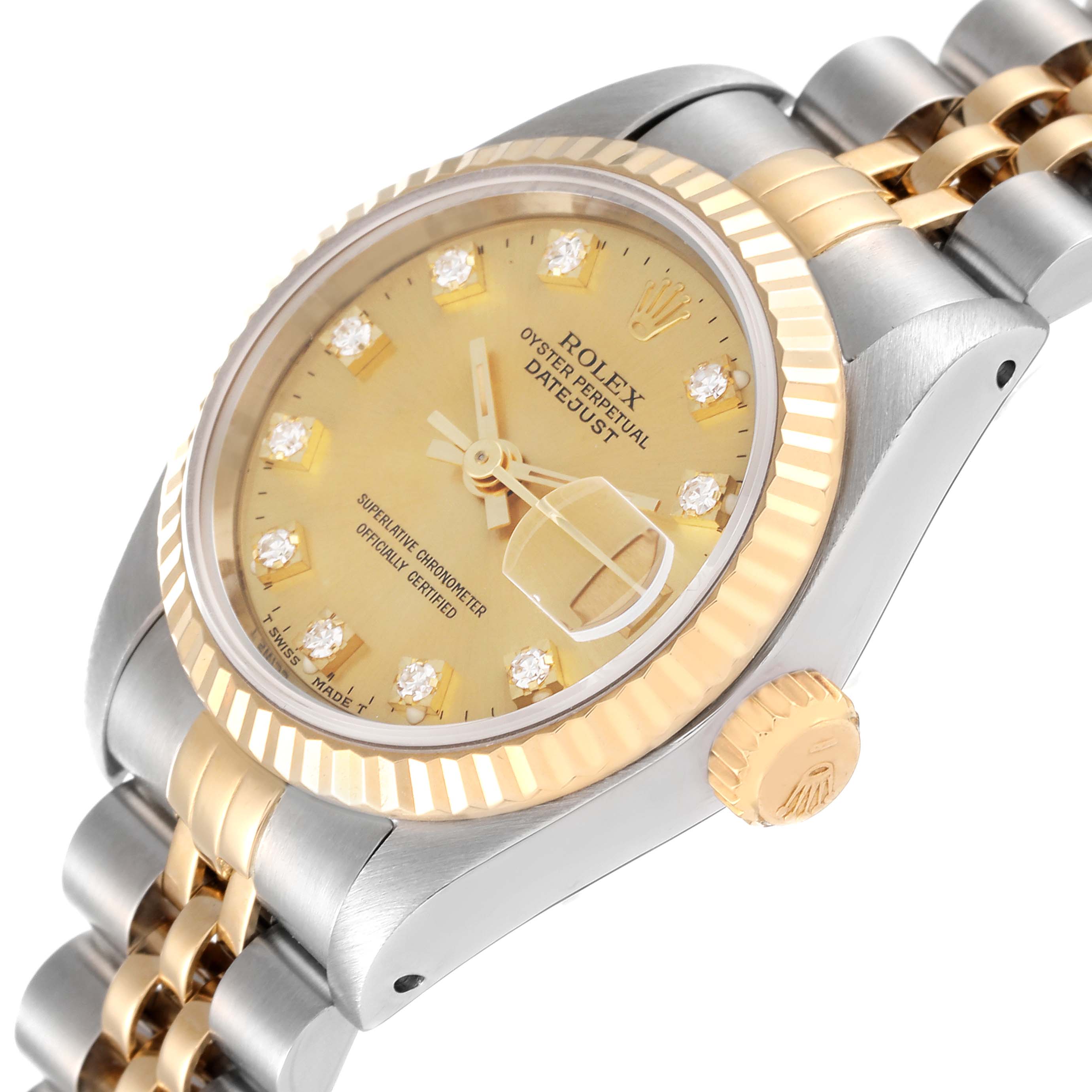 This image shows a side angle of the Rolex Datejust 69173 Women's Steel and Gold (two tone) Champagne Dial 69173 Women's Steel and Gold (two tone) Champagne Dial watch, highlighting the gold bezel, crown, dial, and part of the bracelet.