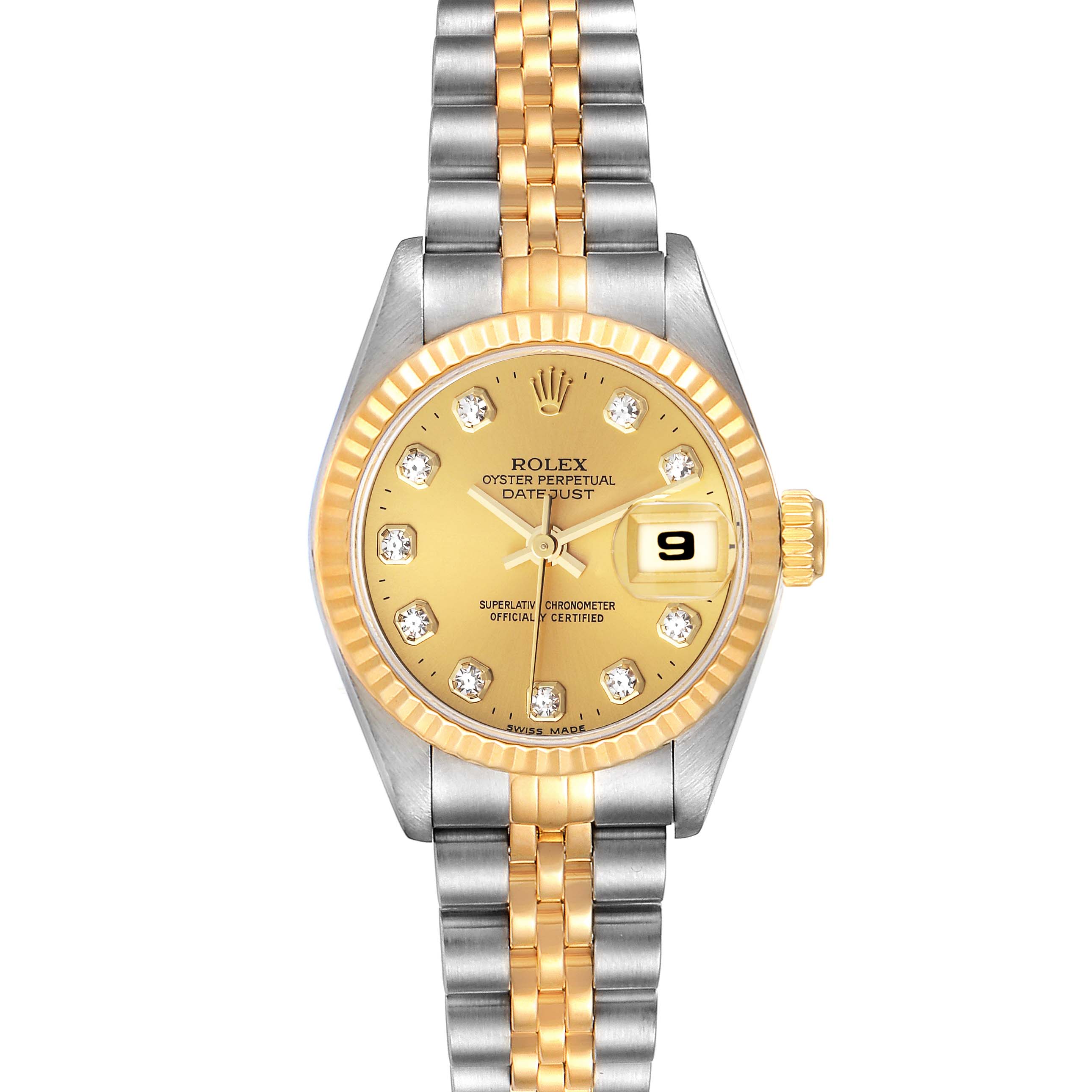 The Rolex Datejust 69173 Women's Steel and Gold (two tone) Champagne Dial 69173 Women's Steel and Gold (two tone) Champagne Dial watch is shown from the front angle, displaying its dial, bezel, crown, and two-tone bracelet.