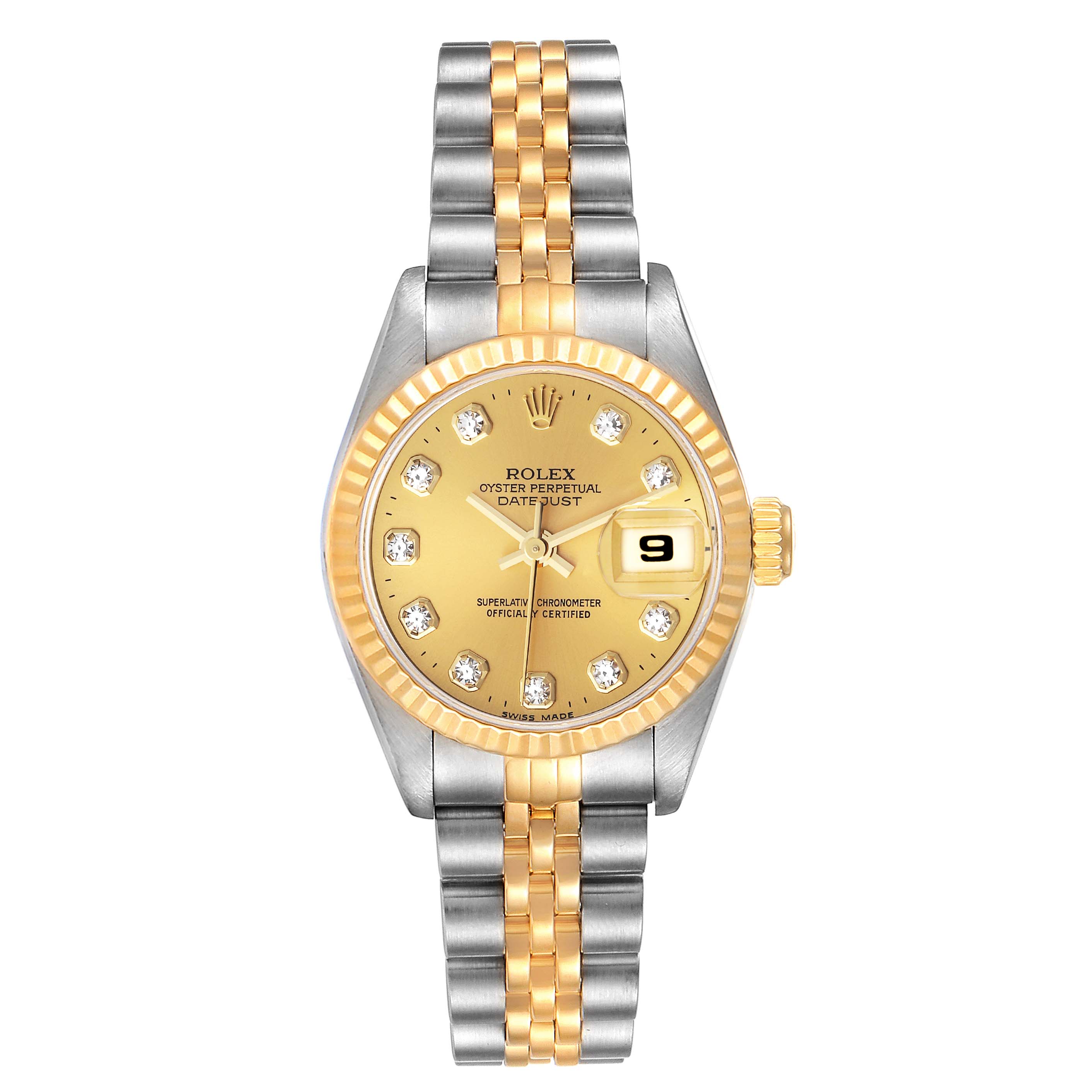 The Rolex Datejust 69173 Women's Steel and Gold (two tone) Champagne Dial 69173 Women's Steel and Gold (two tone) Champagne Dial watch is shown from the front, displaying its face, bezel, and two-tone bracelet.