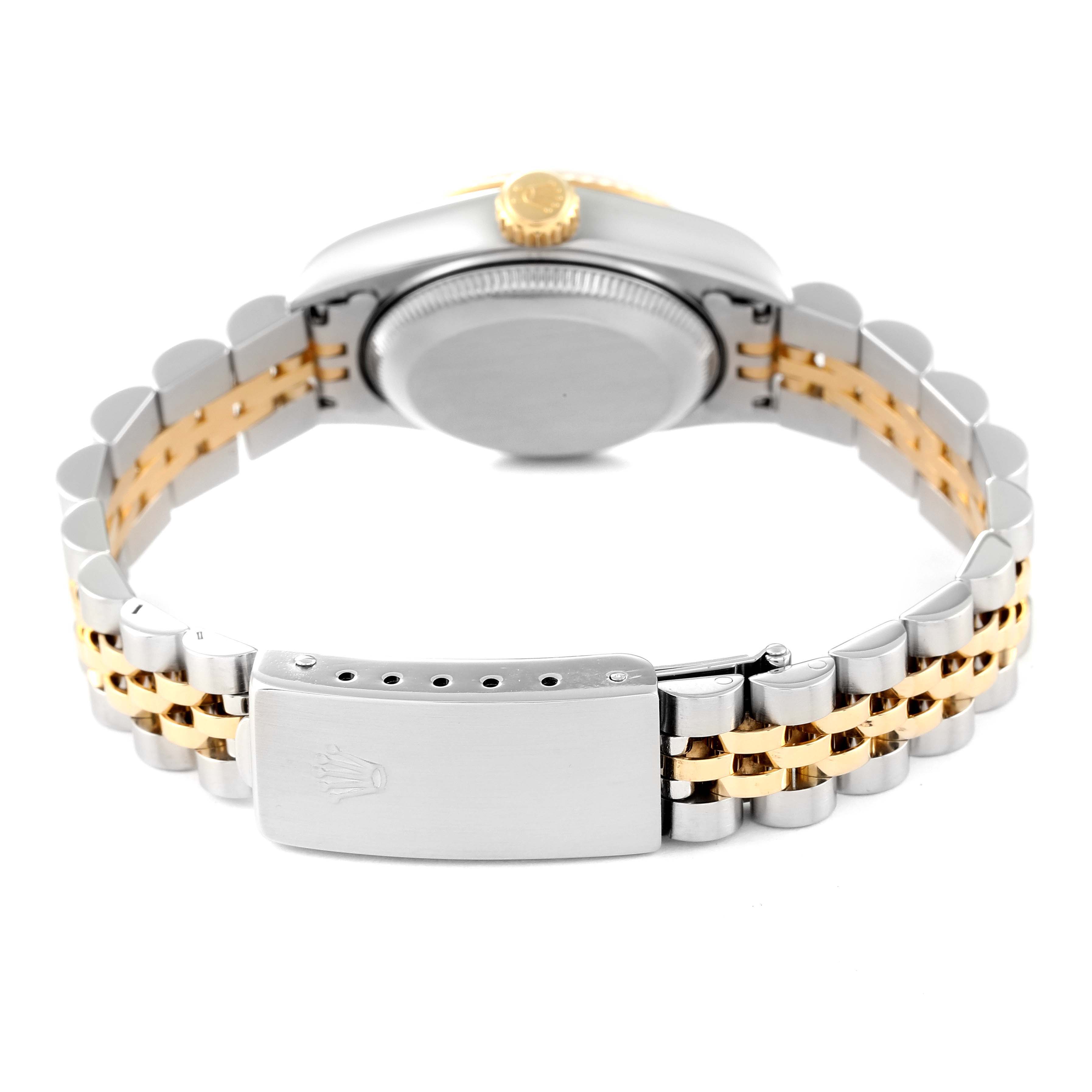 This image shows the clasp, case back, crown, and bracelet of the Rolex Datejust 69173 Women's Steel and Gold (two tone) Champagne Dial 69173 Women's Steel and Gold (two tone) Champagne Dial watch from a rear angle.