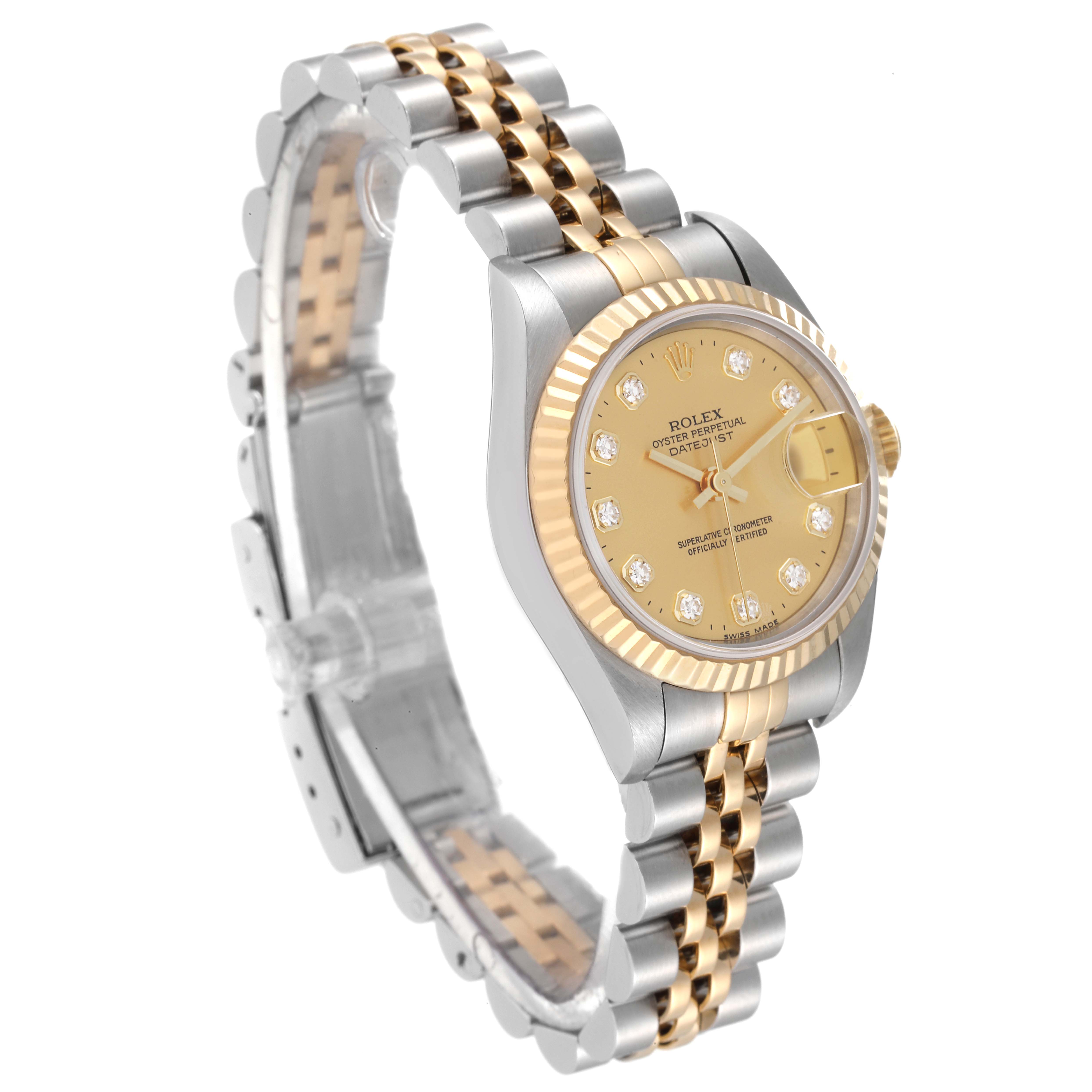 The image shows a Rolex Datejust 69173 Women's Steel and Gold (two tone) Champagne Dial 69173 Women's Steel and Gold (two tone) Champagne Dial watch at a three-quarter angle, highlighting its dial, bezel, and two-tone bracelet.