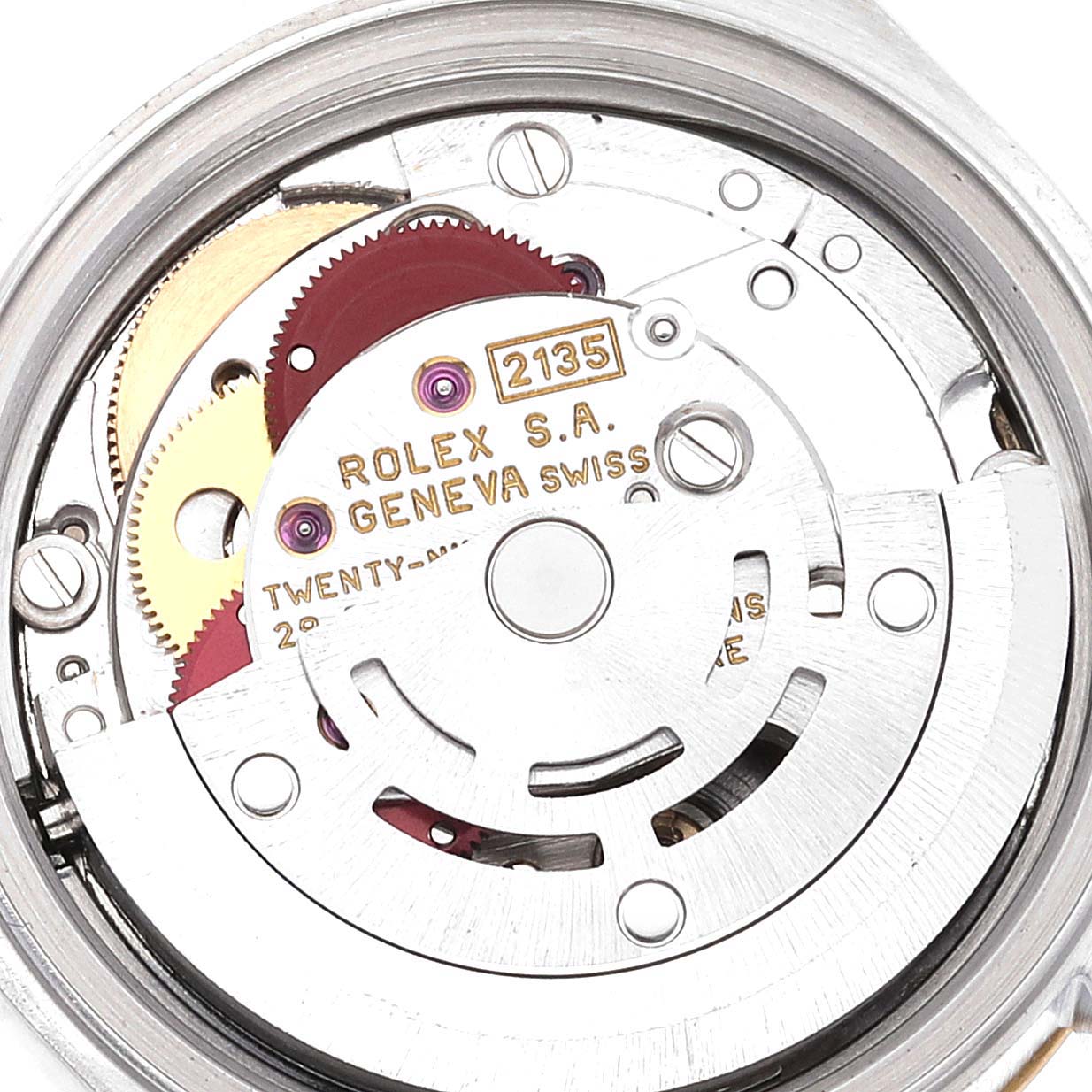 This image shows the inner mechanical movement of a Rolex Datejust 69173 Women's Steel and Gold (two tone) Champagne Dial 69173 Women's Steel and Gold (two tone) Champagne Dial watch from an overhead angle.