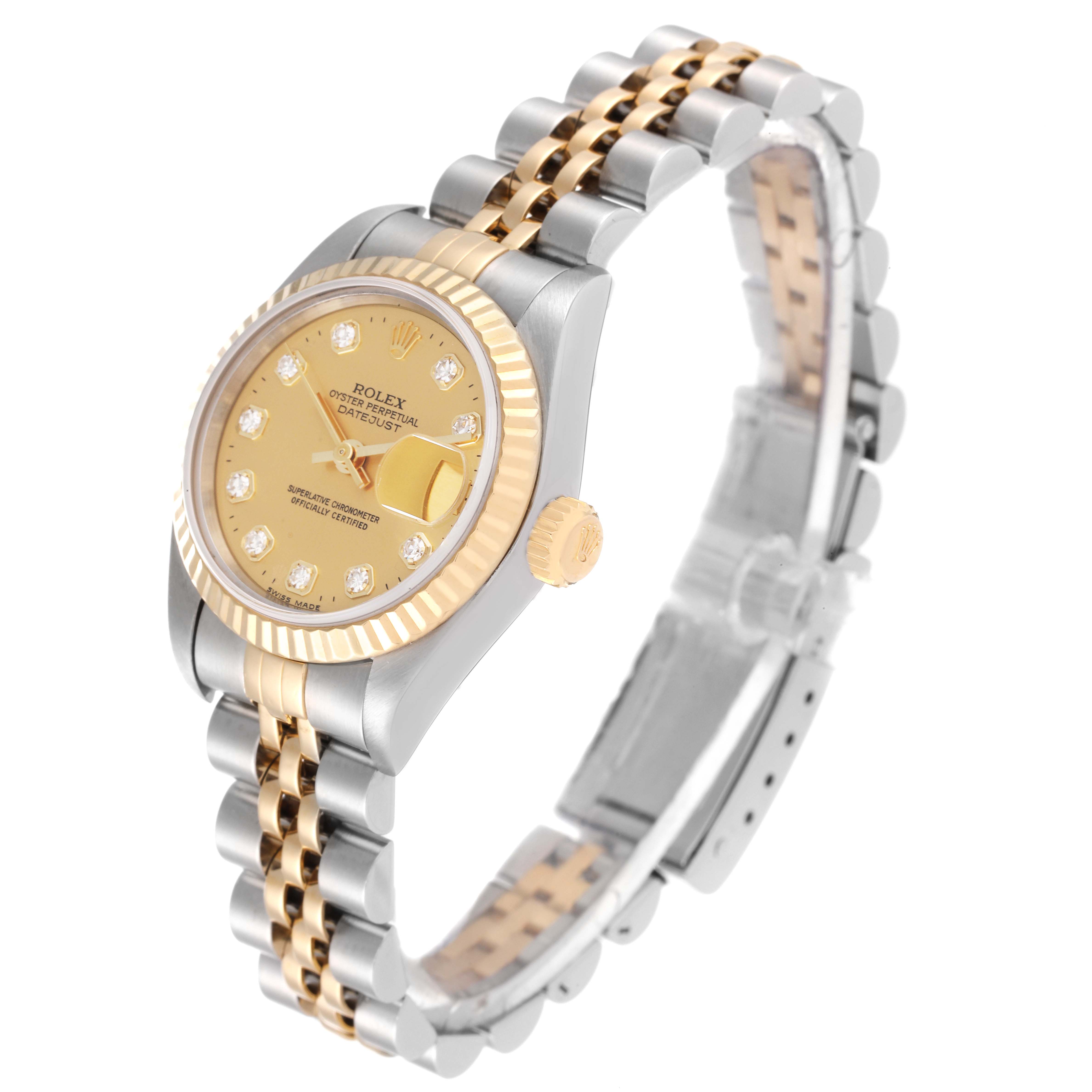 The image shows a three-quarter view of the Rolex Datejust 69173 Women's Steel and Gold (two tone) Champagne Dial 69173 Women's Steel and Gold (two tone) Champagne Dial watch, showcasing its two-tone bracelet, dial, and fluted bezel.