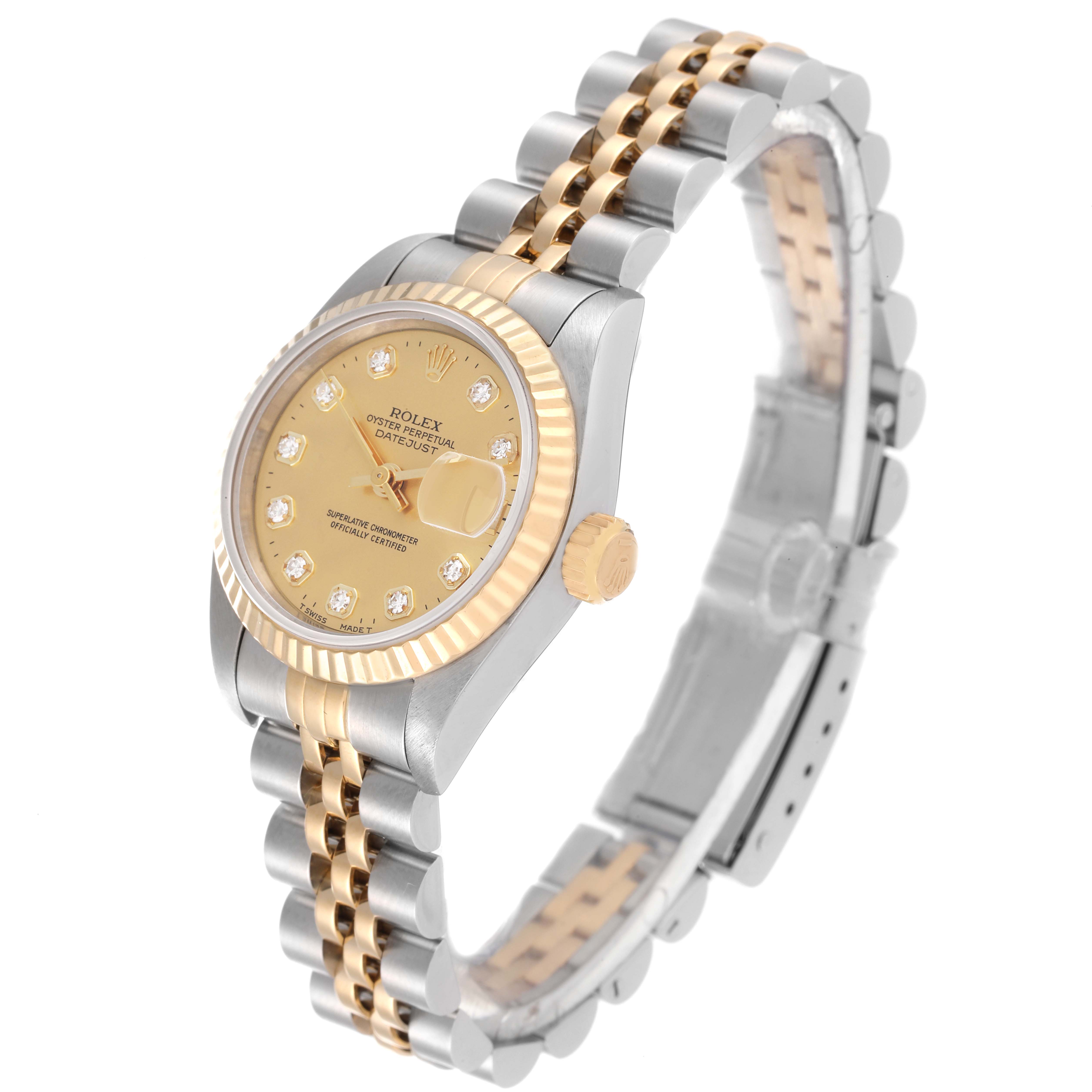 The image shows a Rolex Datejust 69173 Women's Steel and Gold (two tone) Champagne Dial 69173 Women's Steel and Gold (two tone) Champagne Dial watch at an angled view, highlighting the face, bezel, crown, and two-tone bracelet.