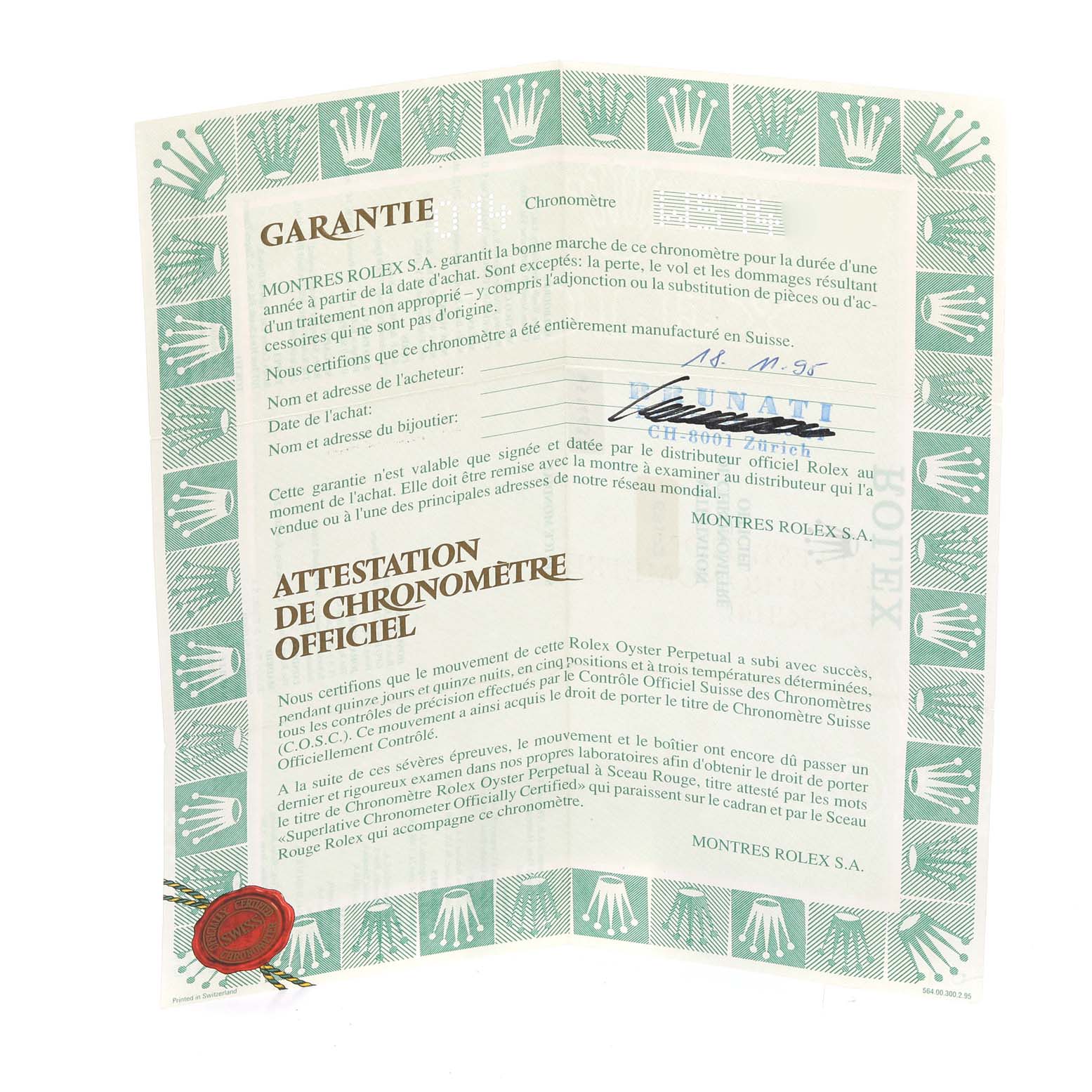 The image shows a warranty certificate and official chronometer document for the Rolex Datejust 69173 Women's Steel and Gold (two tone) Champagne Dial 69173 Women's Steel and Gold (two tone) Champagne Dial watch model.