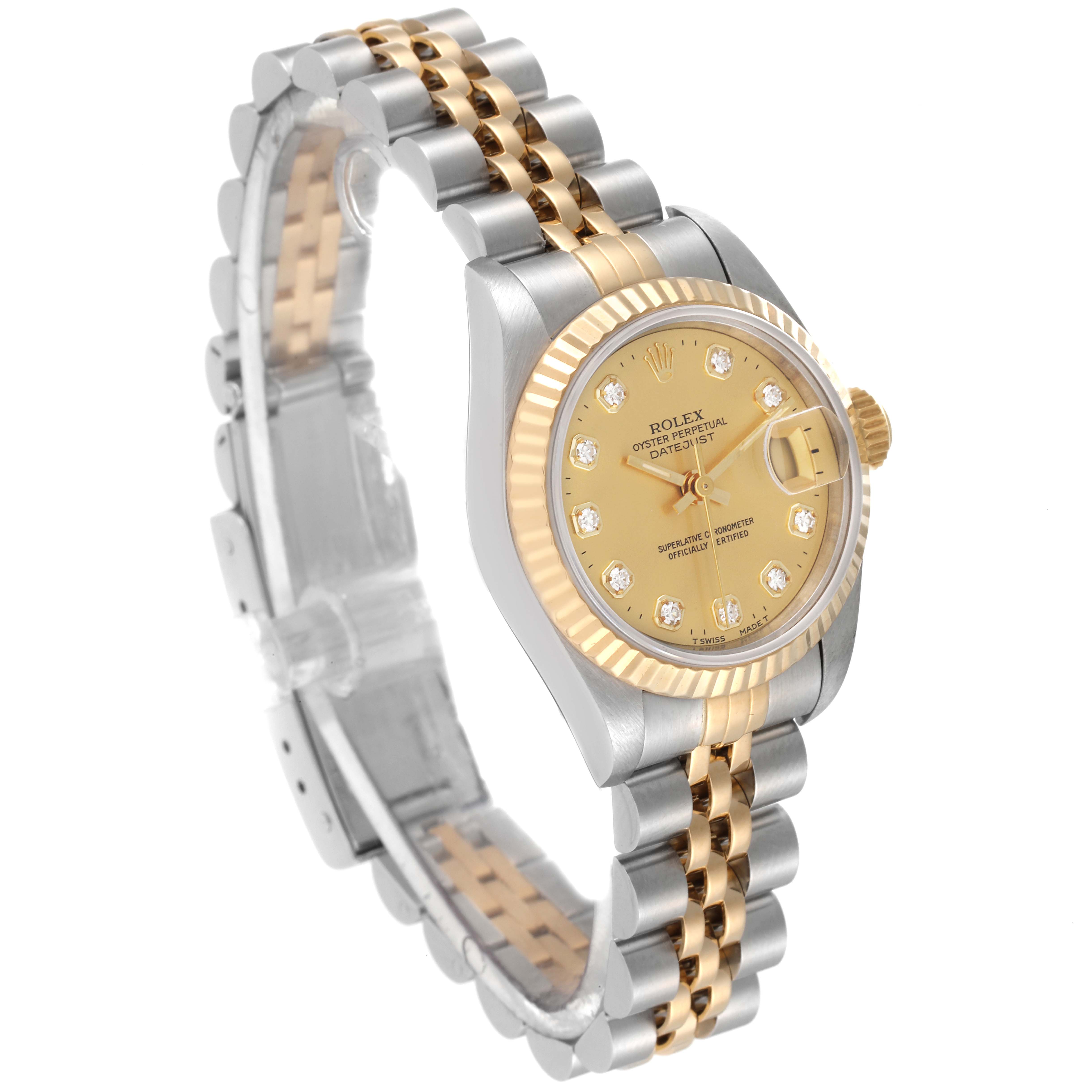 This image shows a side angle view of the Rolex Datejust 69173 Women's Steel and Gold (two tone) Champagne Dial 69173 Women's Steel and Gold (two tone) Champagne Dial watch, highlighting its gold bezel, dial, and two-tone bracelet.