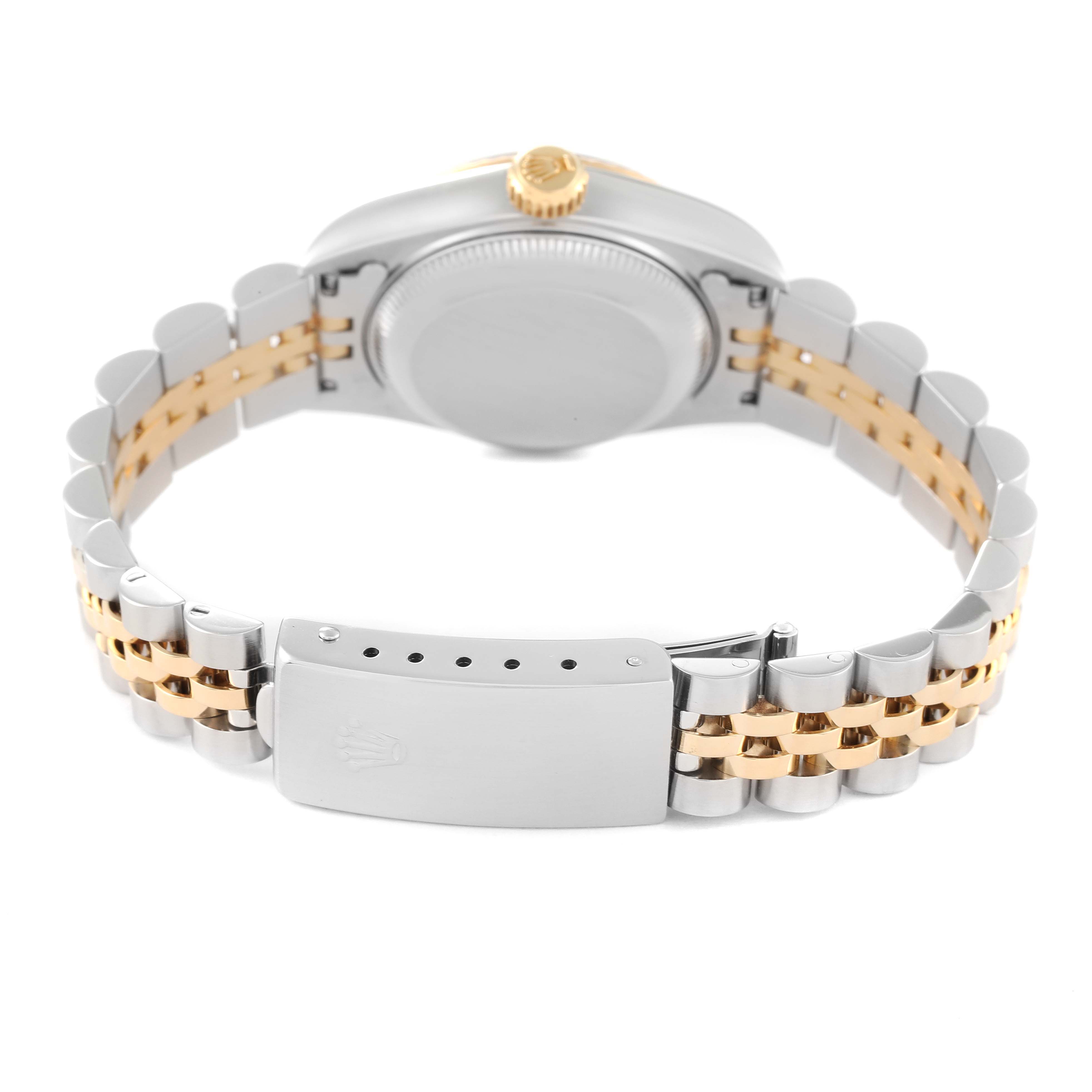 This image shows the back view of a Rolex Datejust 69173 Women's Steel and Gold (two tone) Champagne Dial 69173 Women's Steel and Gold (two tone) Champagne Dial watch, highlighting the case back, crown, and two-tone Jubilee bracelet with clasp.