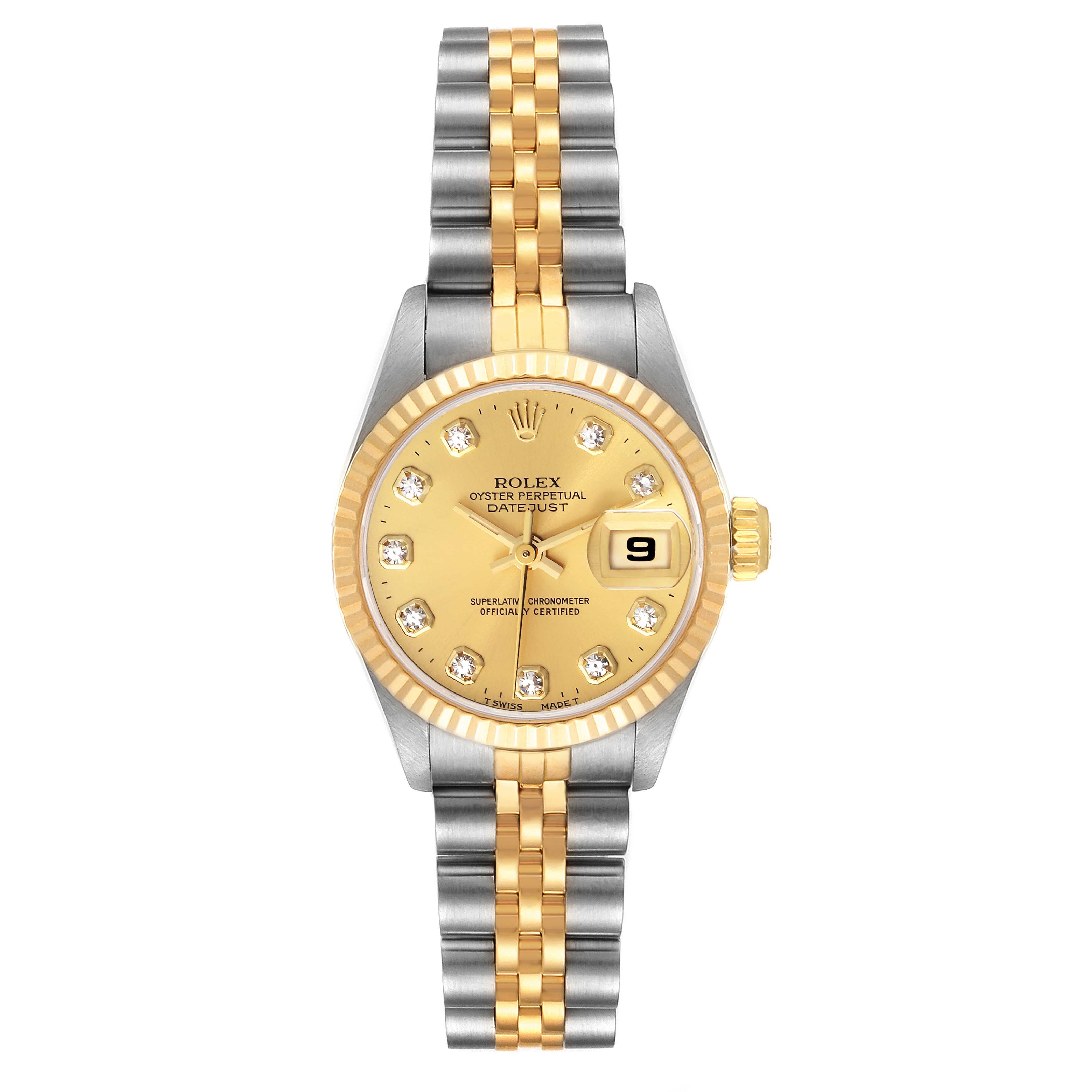 This is a front view of a Rolex Datejust 69173 Women's Steel and Gold (two tone) Champagne Dial 69173 Women's Steel and Gold (two tone) Champagne Dial watch, showing the face, bezel, crown, and two-tone bracelet.