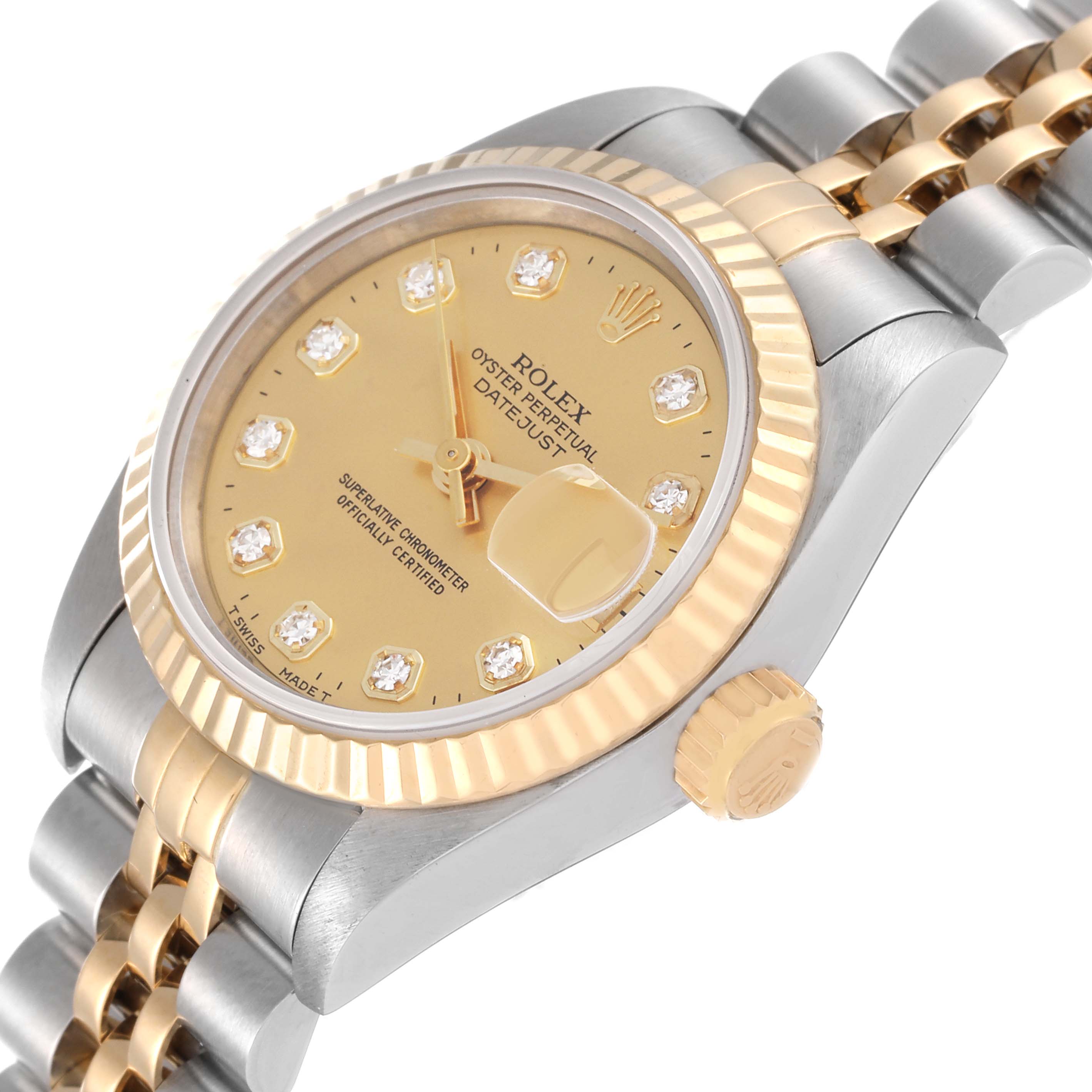 The image shows an angled view of a Rolex Datejust 69173 Women's Steel and Gold (two tone) Champagne Dial 69173 Women's Steel and Gold (two tone) Champagne Dial watch featuring its face, bezel, crown, and part of the bracelet.