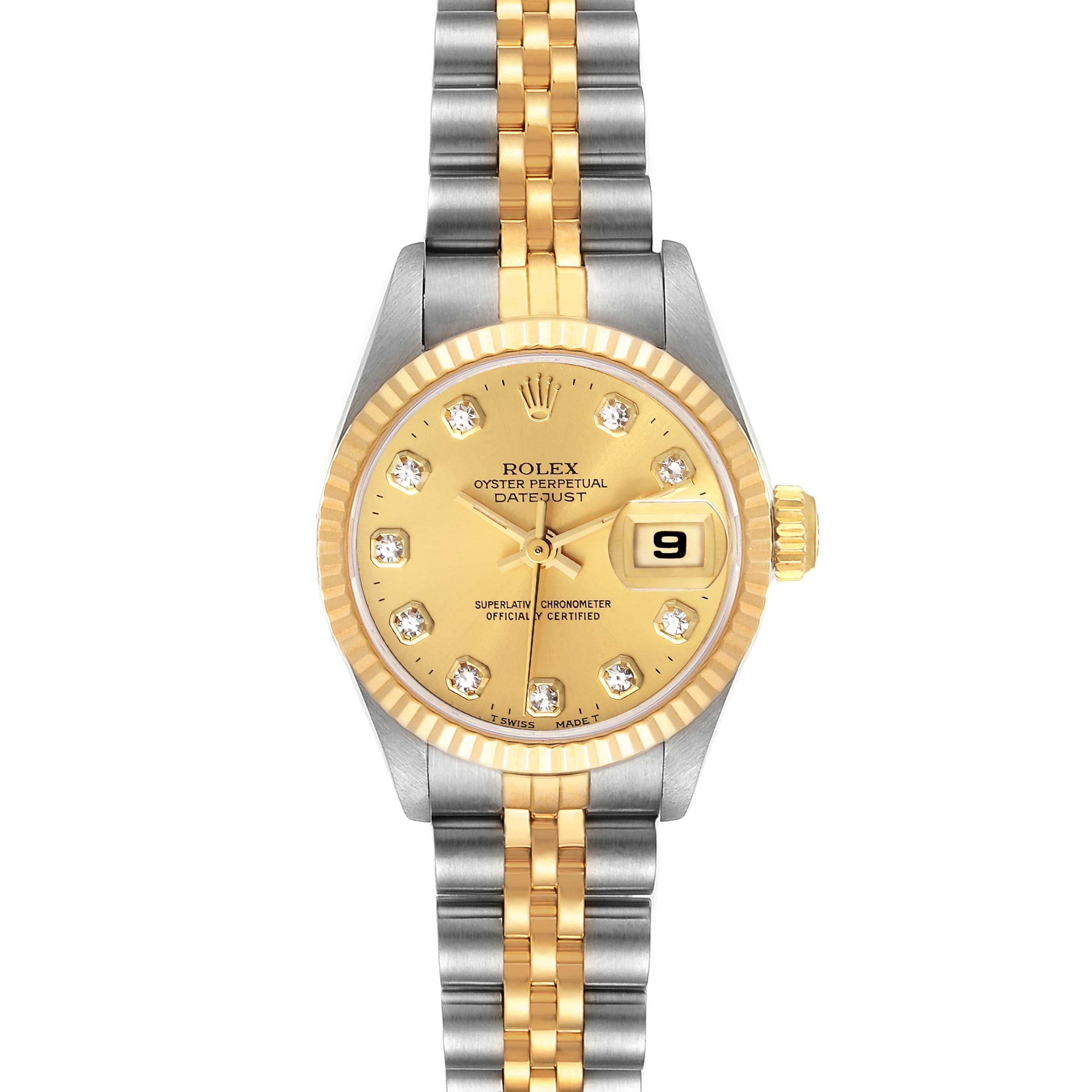 This Rolex Datejust 69173 Women's Steel and Gold (two tone) Champagne Dial 69173 Women's Steel and Gold (two tone) Champagne Dial watch is shown from the front, displaying the bezel, dial, hands, date window, and bracelet.