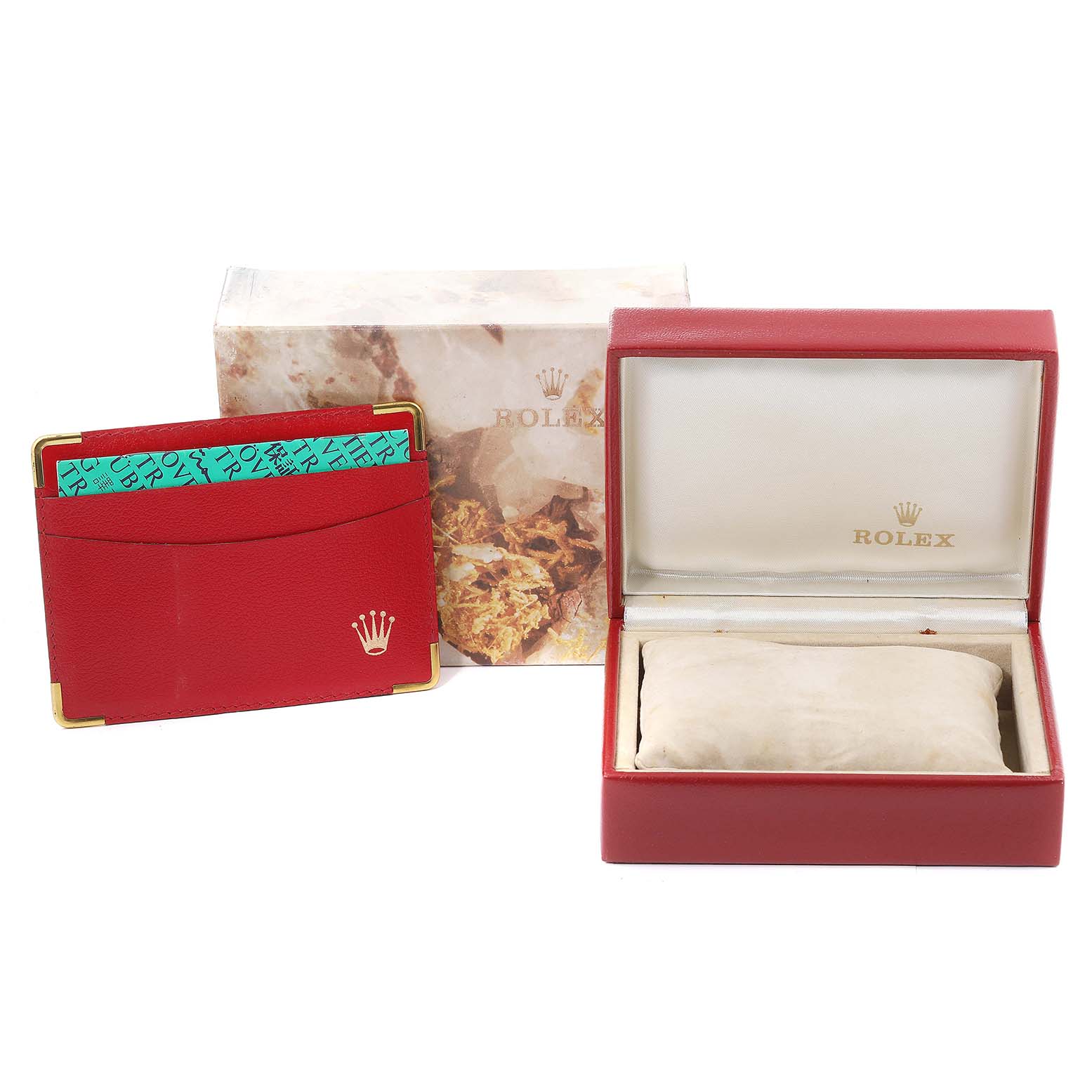 The image shows a Rolex Datejust 69173 Women's Steel and Gold (two tone) White Dial 69173 Women's Steel and Gold (two tone) White Dial watch box, a cardholder with documents, and an outer packaging box.