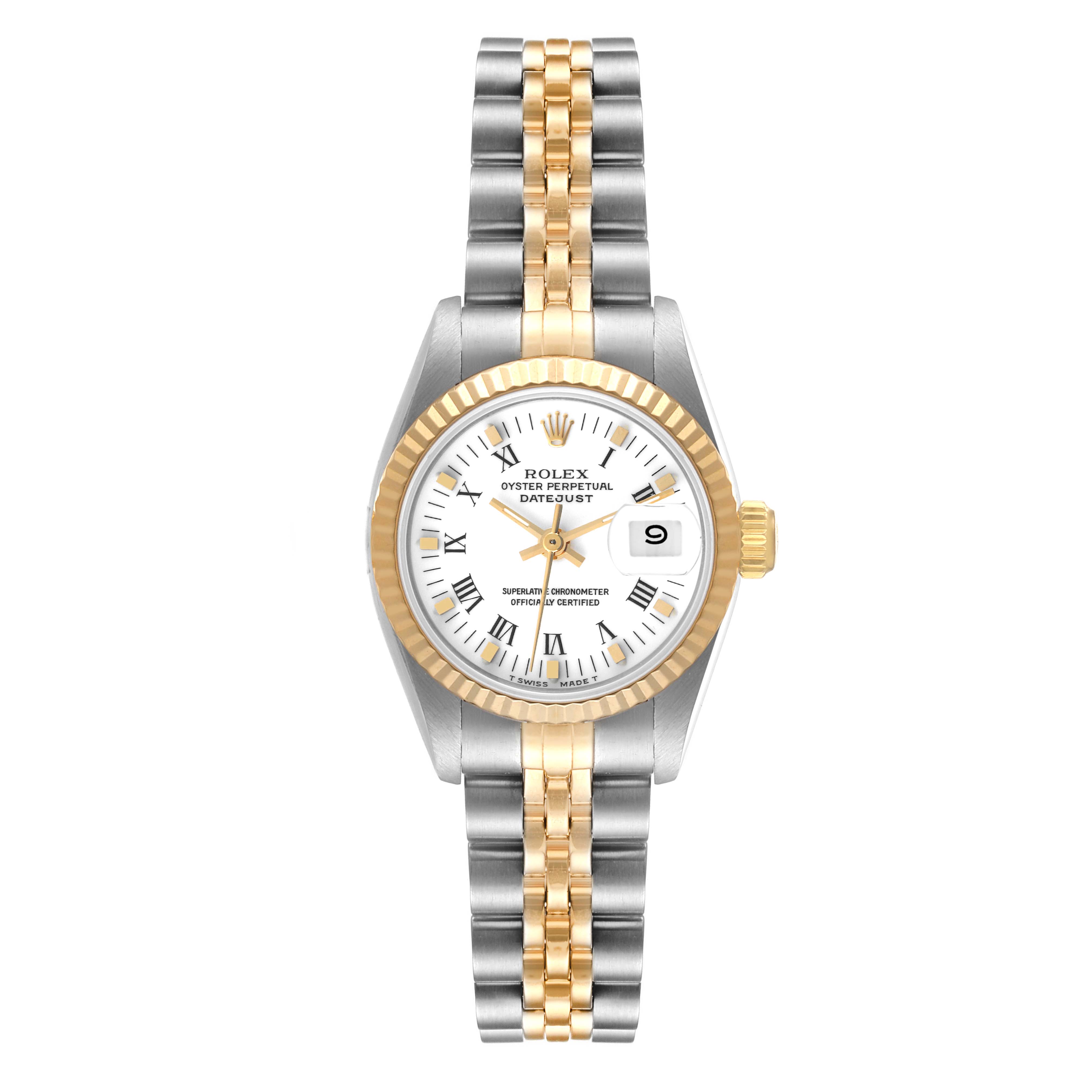 The Rolex Datejust 69173 Women's Steel and Gold (two tone) White Dial 69173 Women's Steel and Gold (two tone) White Dial watch is shown from the top, highlighting the dial, bezel, and two-tone bracelet.