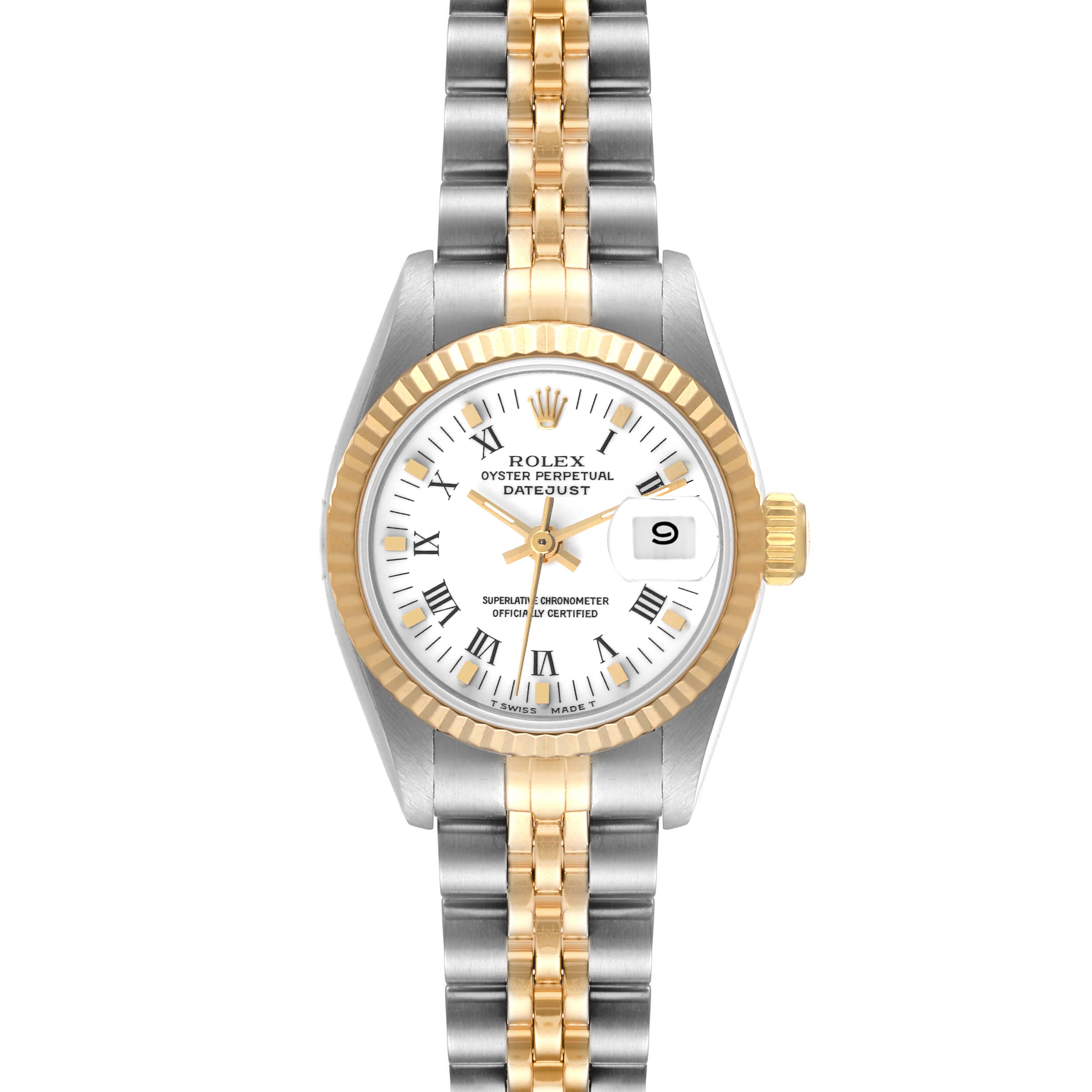 This image shows a Rolex Datejust 69173 Women's Steel and Gold (two tone) White Dial 69173 Women's Steel and Gold (two tone) White Dial watch from a front angle, displaying the dial, bezel, and bracelet.