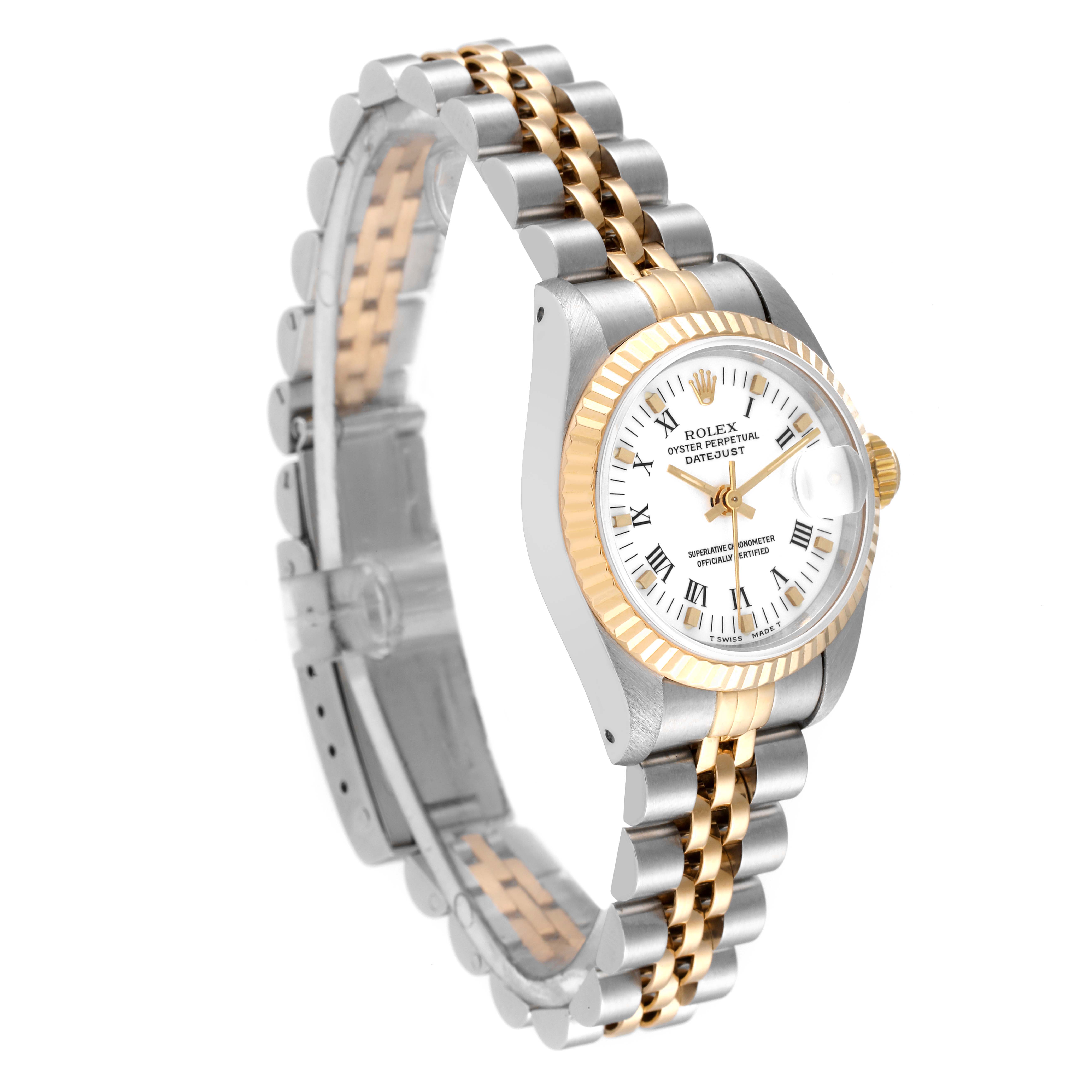 The Rolex Datejust 69173 Women's Steel and Gold (two tone) White Dial 69173 Women's Steel and Gold (two tone) White Dial watch is shown at a slight angle, displaying its two-tone bracelet, white dial, and fluted gold bezel.