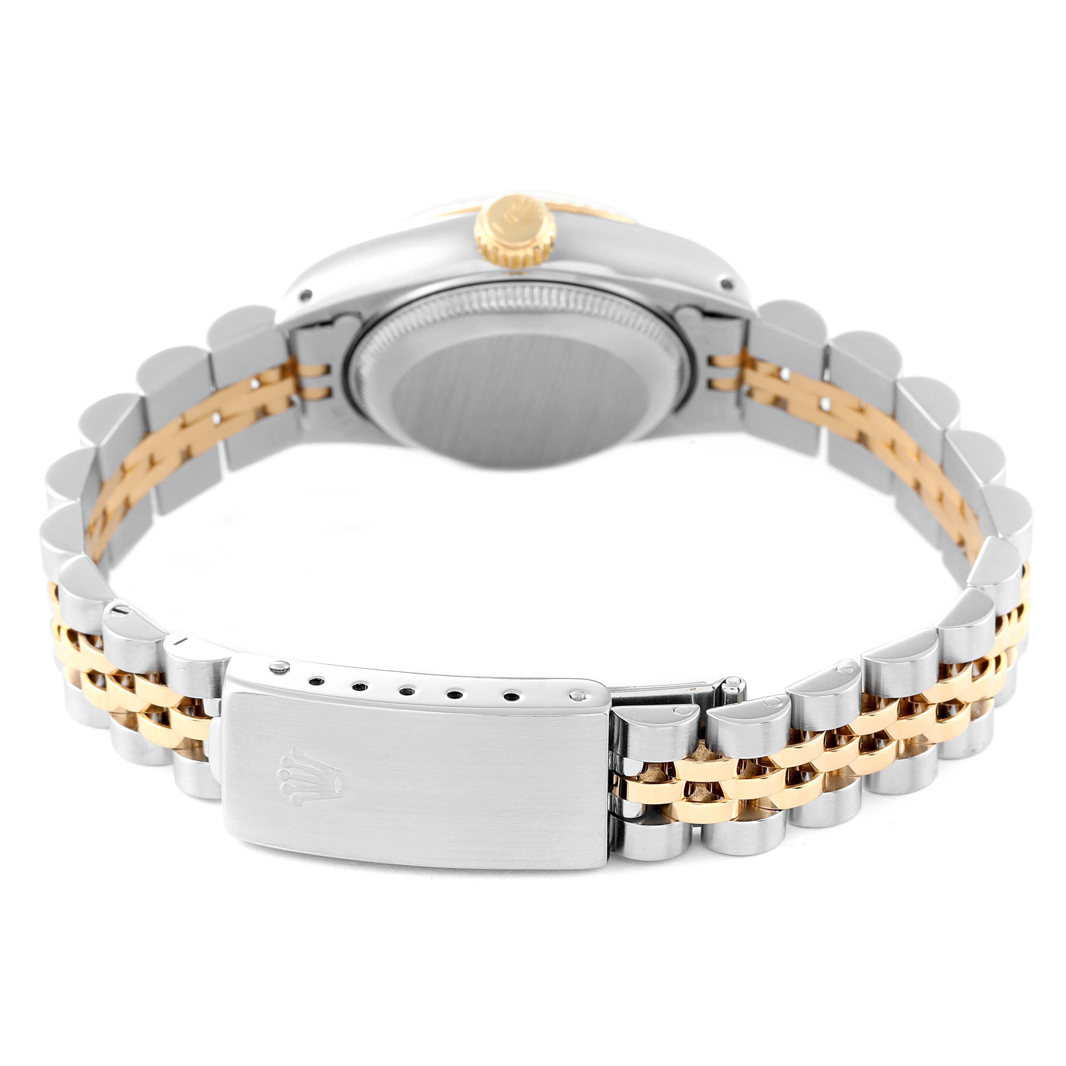 The image shows the back view of a Rolex Datejust 69173 Women's Steel and Gold (two tone) White Dial 69173 Women's Steel and Gold (two tone) White Dial watch, highlighting the case back, crown, and two-tone bracelet with clasp.