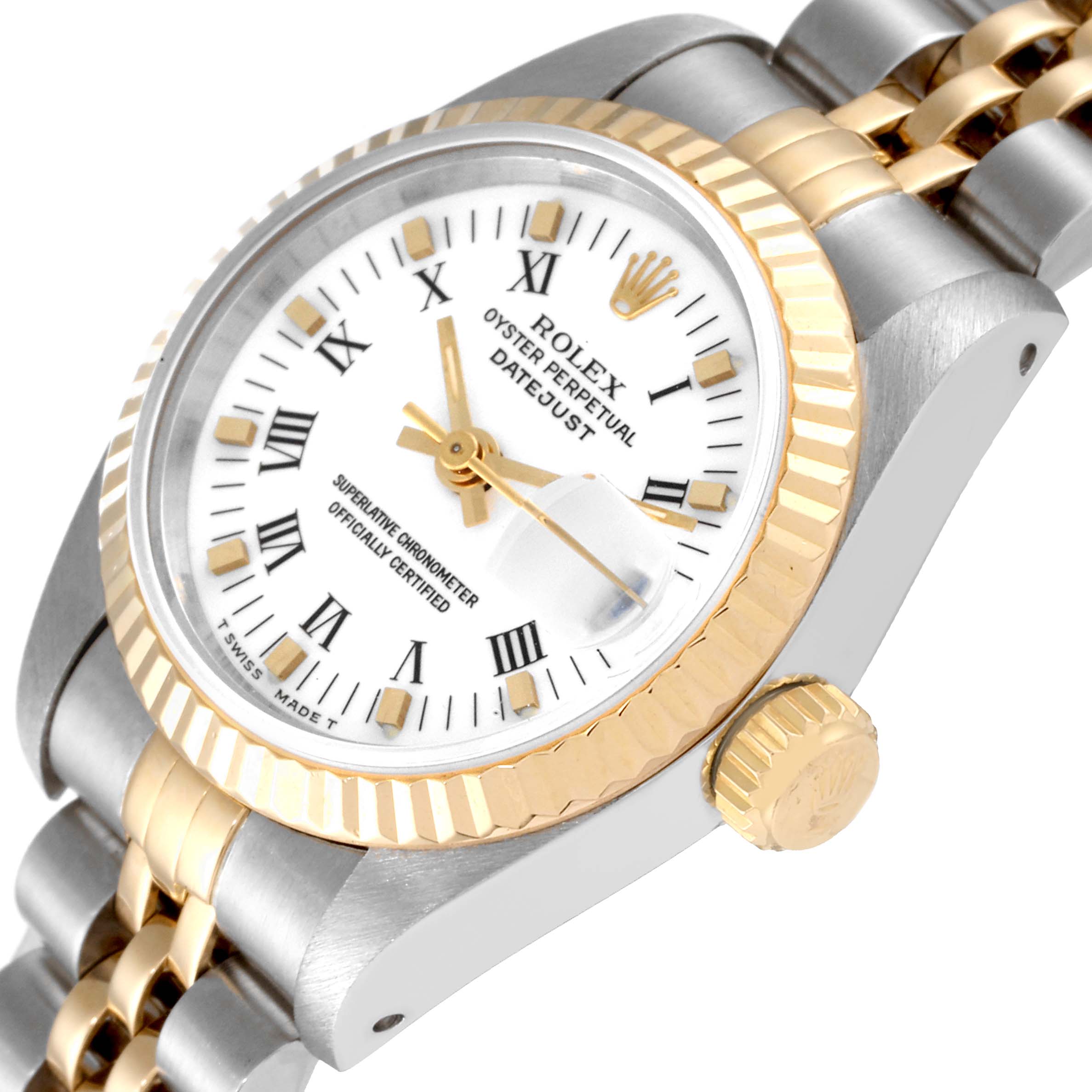 This image shows a Rolex Datejust 69173 Women's Steel and Gold (two tone) White Dial 69173 Women's Steel and Gold (two tone) White Dial watch at an angled close-up, highlighting its white dial, gold fluted bezel, and two-tone bracelet.