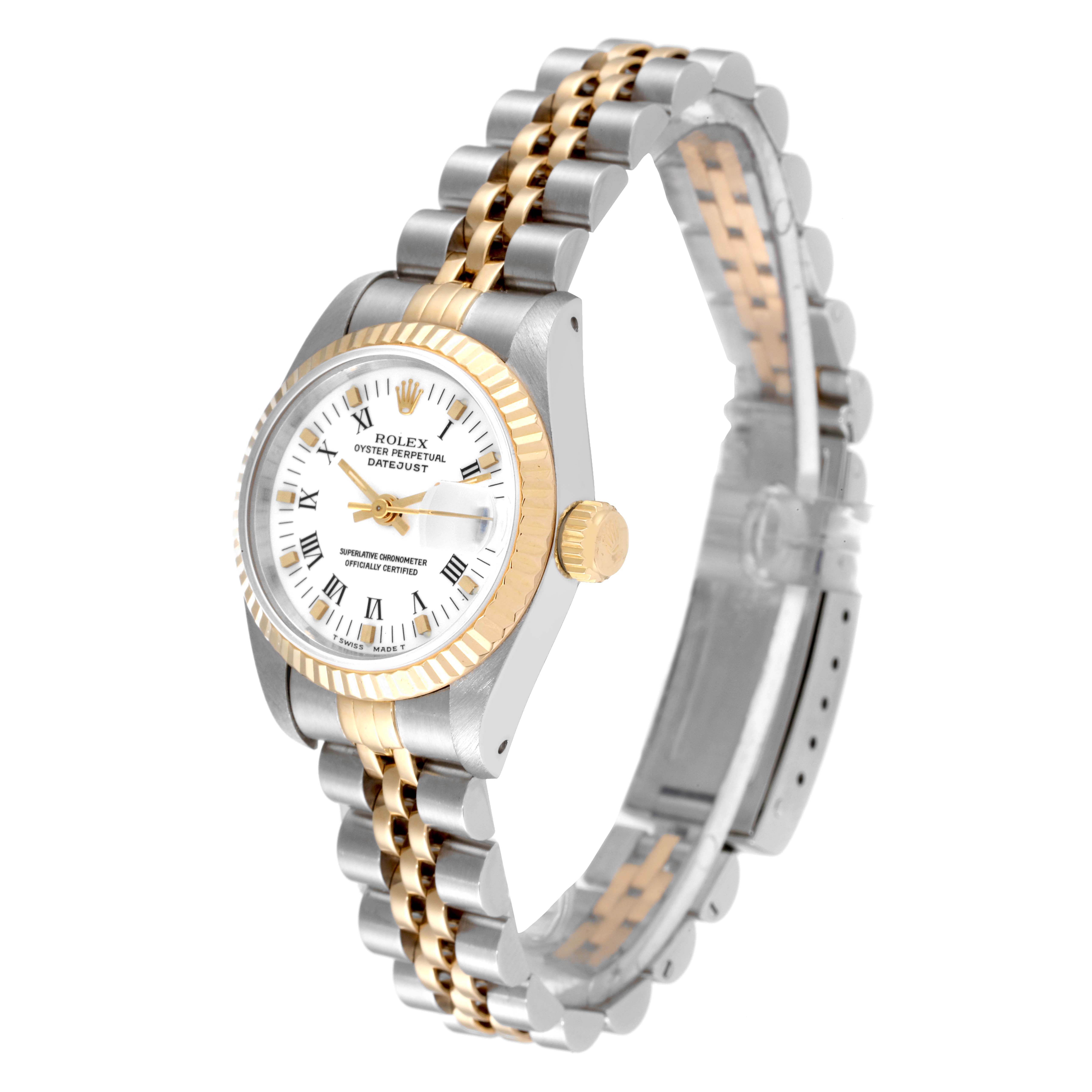 The image shows a Rolex Datejust 69173 Women's Steel and Gold (two tone) White Dial 69173 Women's Steel and Gold (two tone) White Dial watch at an angle, highlighting the bezel, dial, crown, and two-tone bracelet.