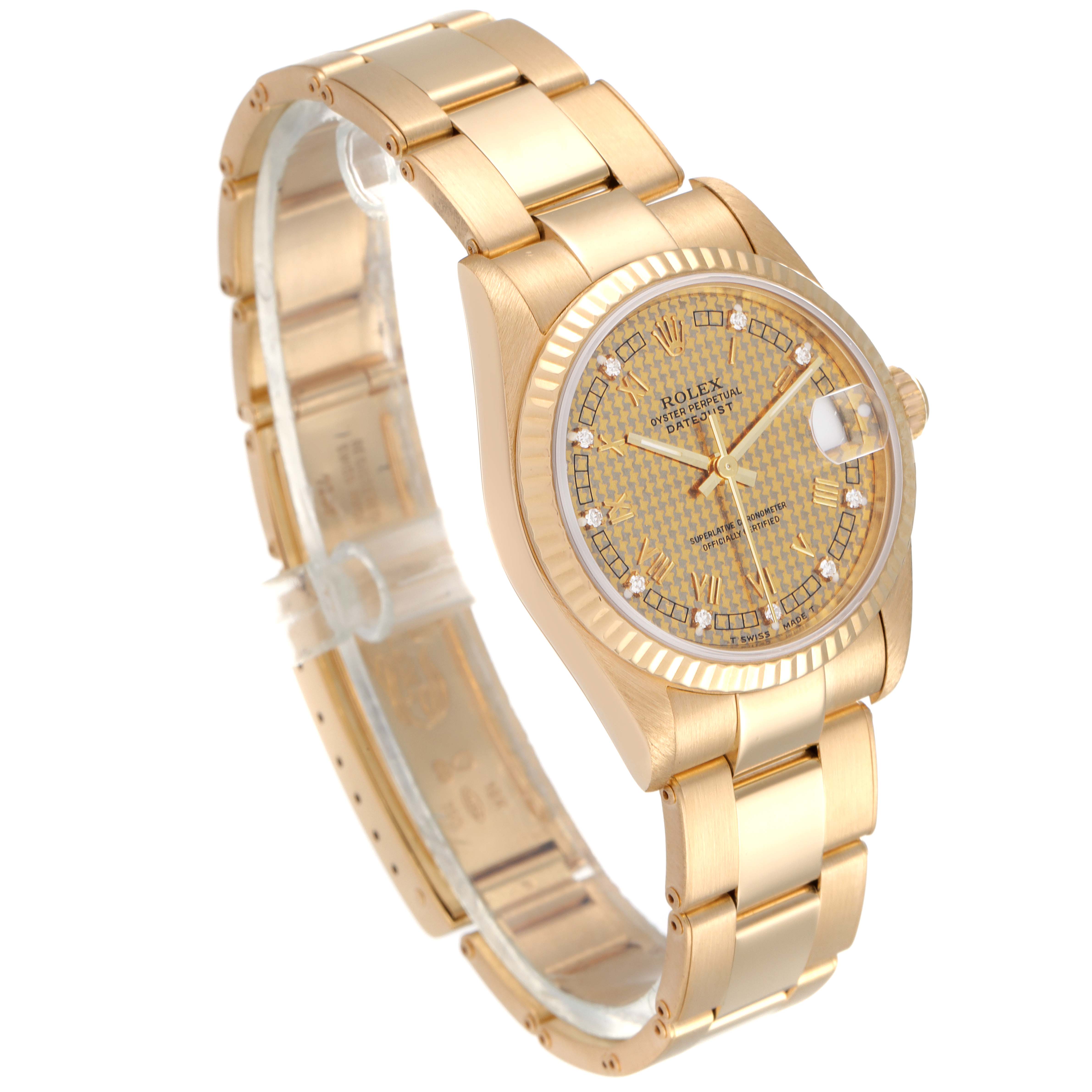 The image shows a side angle view of a Rolex President 68278 Women's Yellow Gold Champagne Dial 68278 Women's Yellow Gold Champagne Dial model watch, highlighting its gold bracelet and bezel.