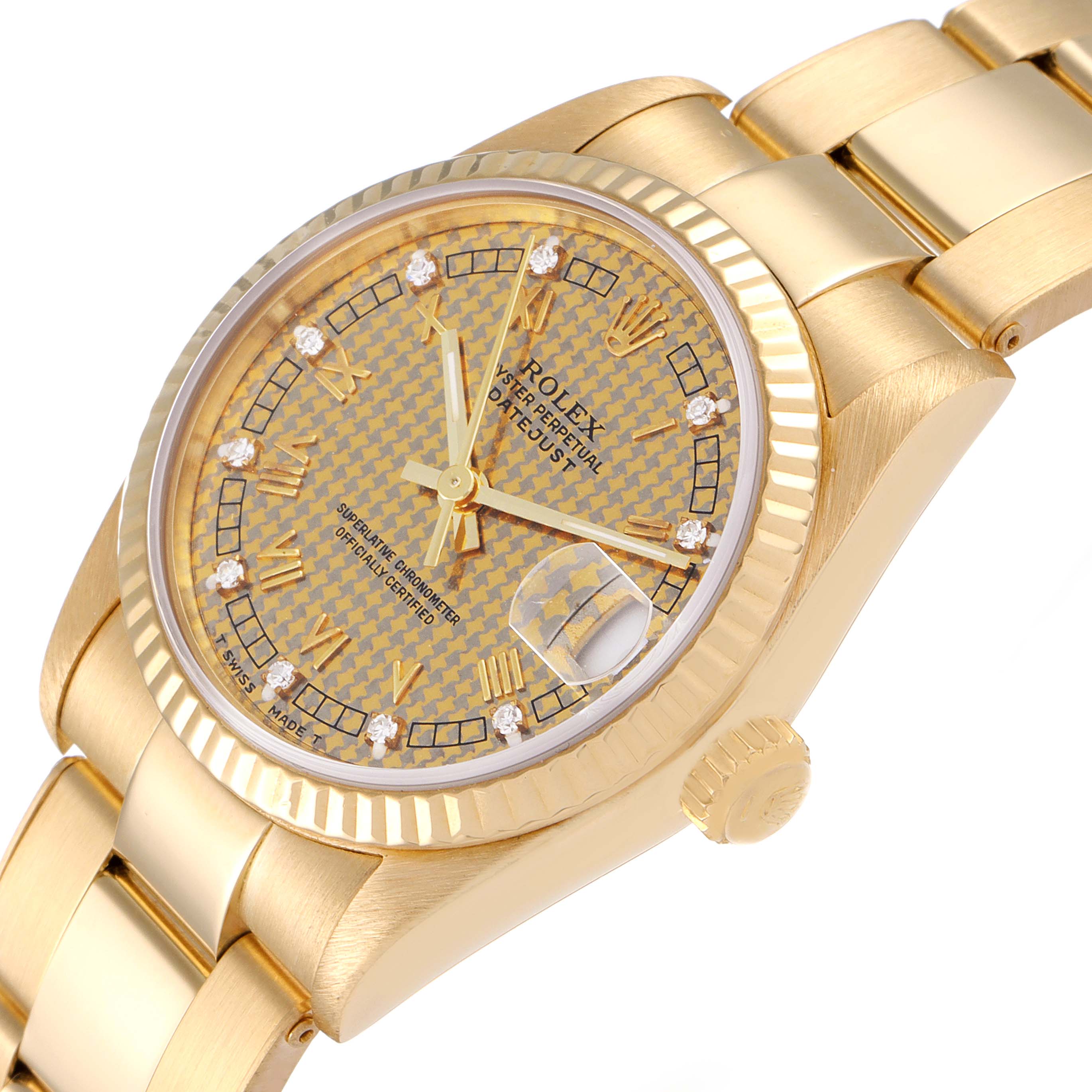 This image shows a close-up view of the dial, bezel, and part of the bracelet of a Rolex President 68278 Women's Yellow Gold Champagne Dial 68278 Women's Yellow Gold Champagne Dial watch.