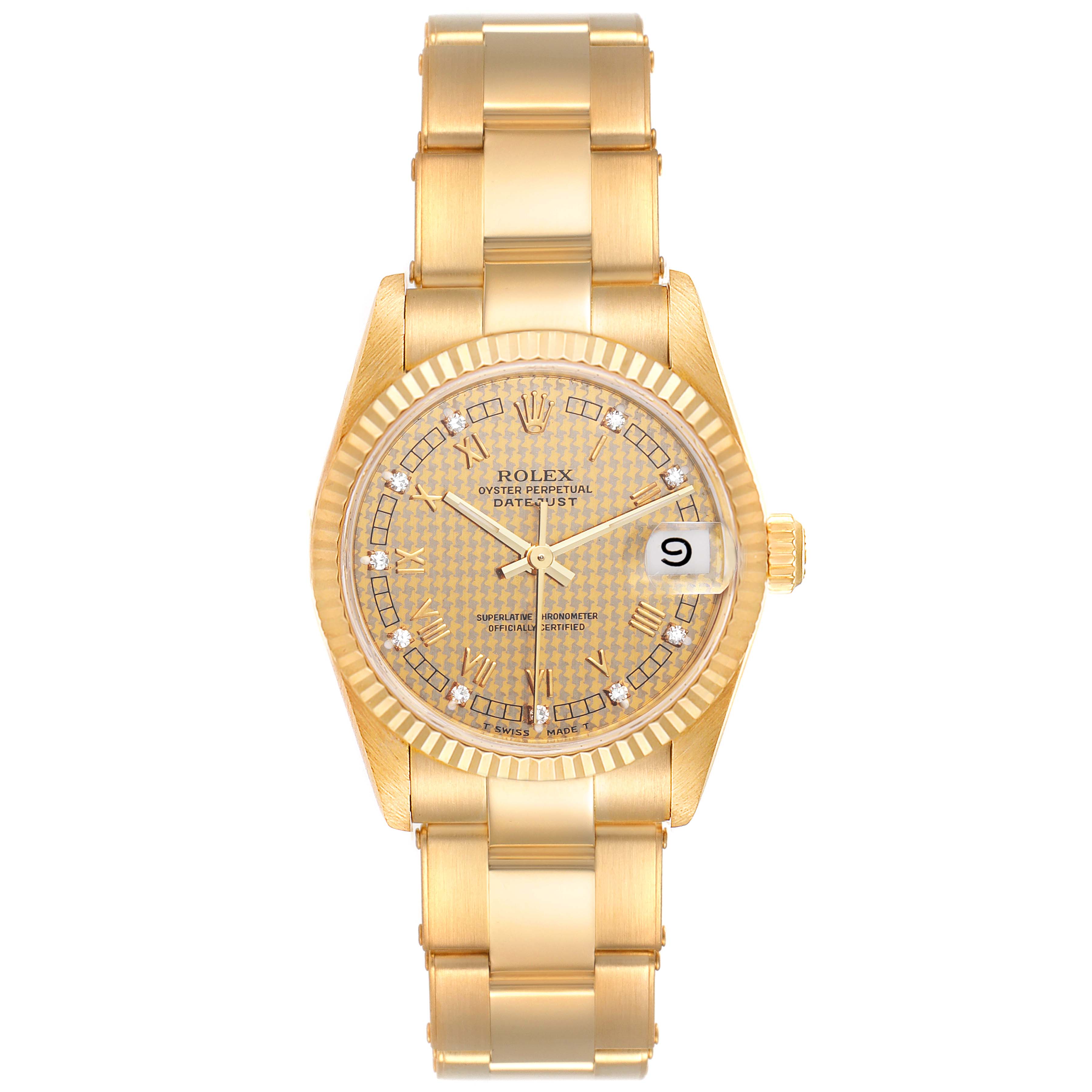 This image shows a front view of a Rolex President 68278 Women's Yellow Gold Champagne Dial 68278 Women's Yellow Gold Champagne Dial model watch, highlighting its gold bracelet, dial, and date window.