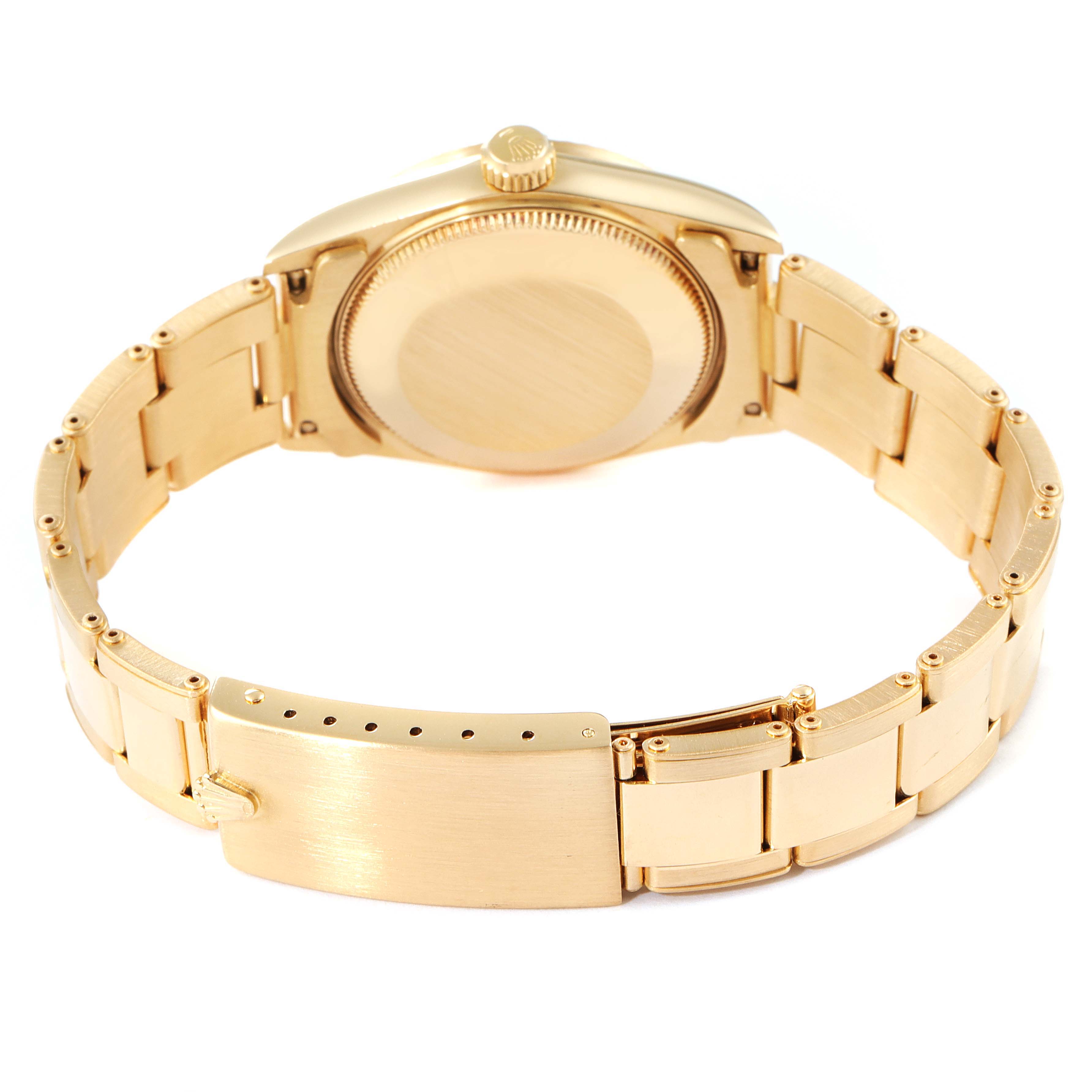 This image shows the back view of the Rolex President 68278 Women's Yellow Gold Champagne Dial 68278 Women's Yellow Gold Champagne Dial model, highlighting its golden case and bracelet.