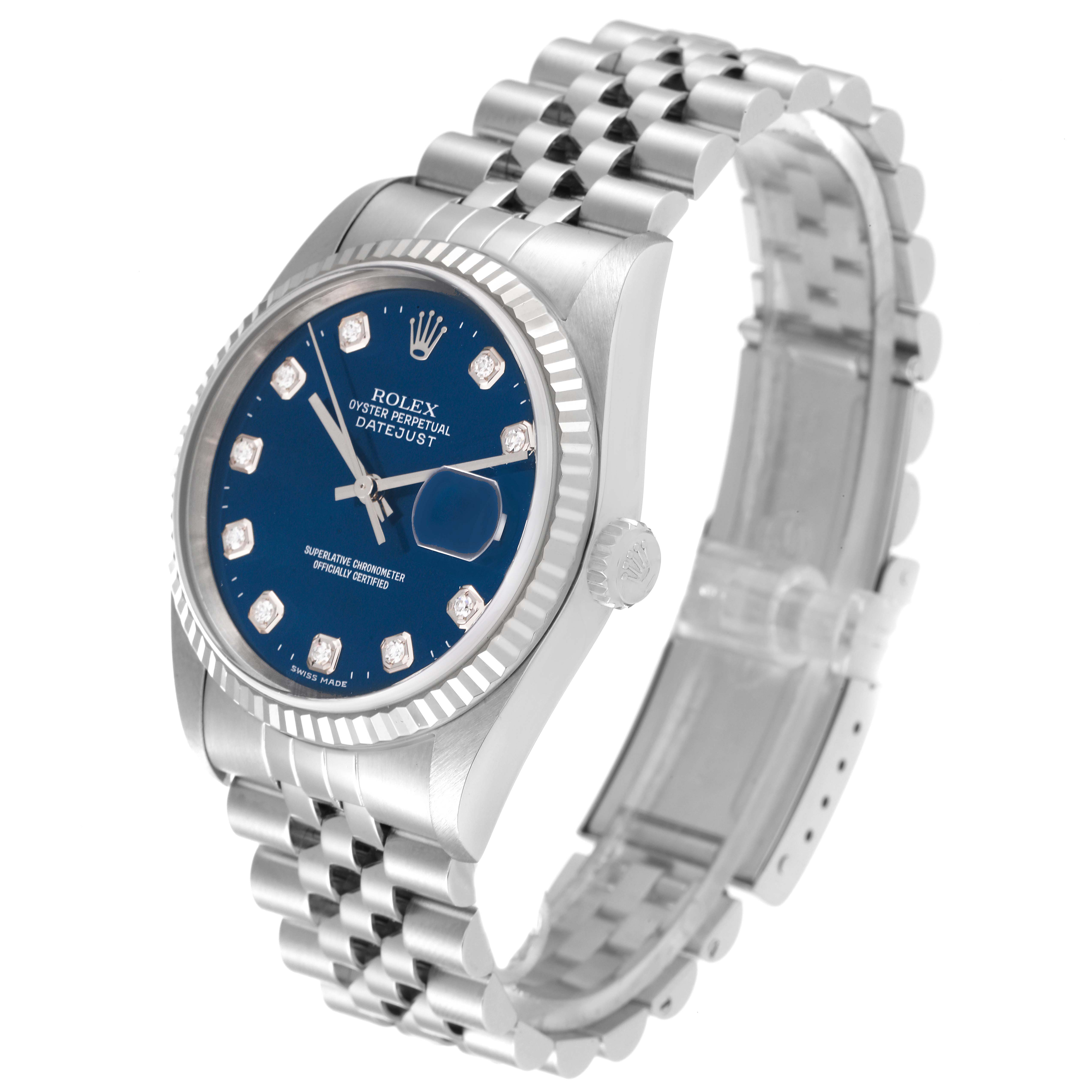 This image shows a Rolex Datejust 16234 Men's Stainless Steel Blue Dial 16234 Men's Stainless Steel Blue Dial watch angled from the front-left, highlighting the face, bezel, crown, and bracelet.