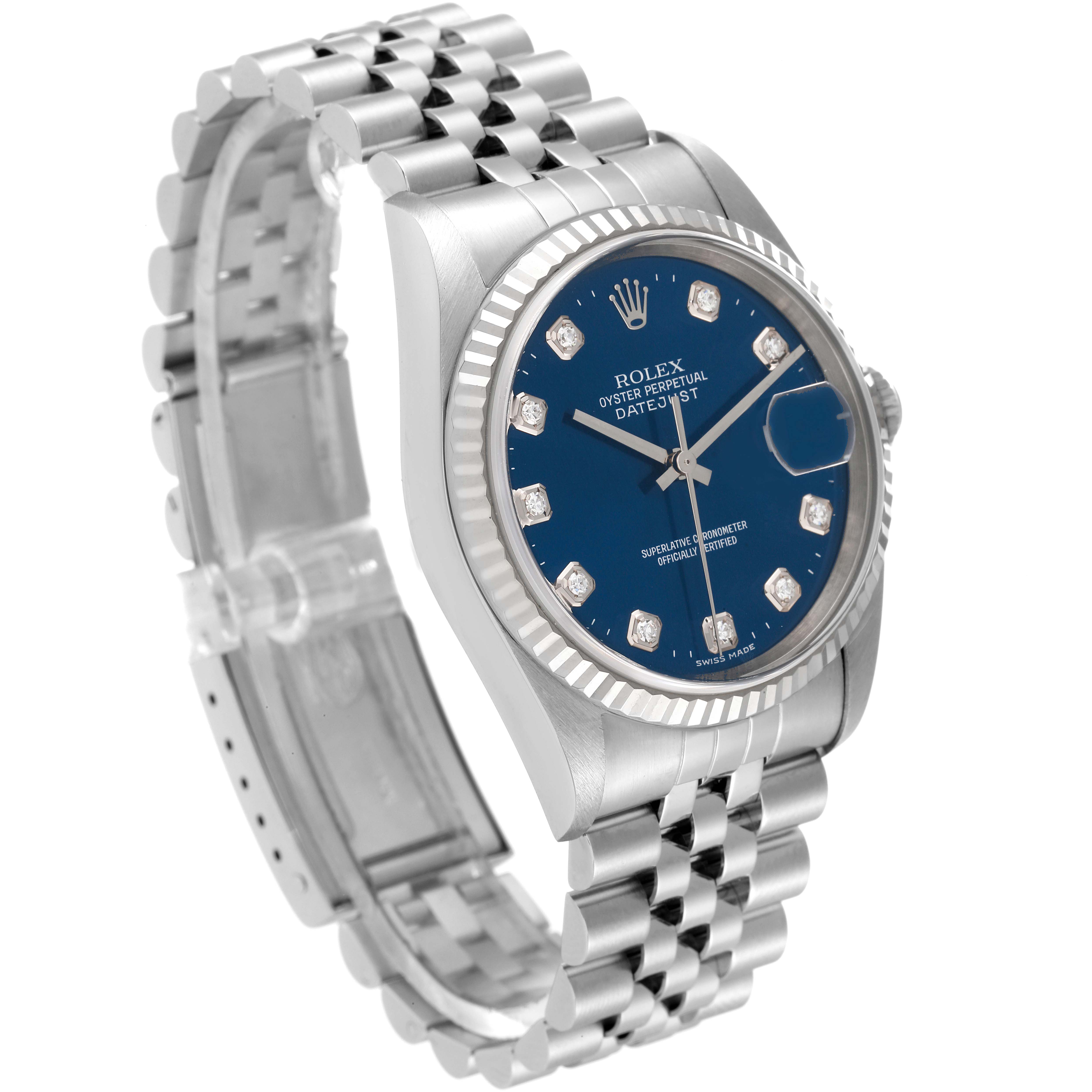 This image shows a Rolex Datejust 16234 Men's Stainless Steel Blue Dial 16234 Men's Stainless Steel Blue Dial watch from a three-quarter angle, displaying the dial, case, and bracelet.