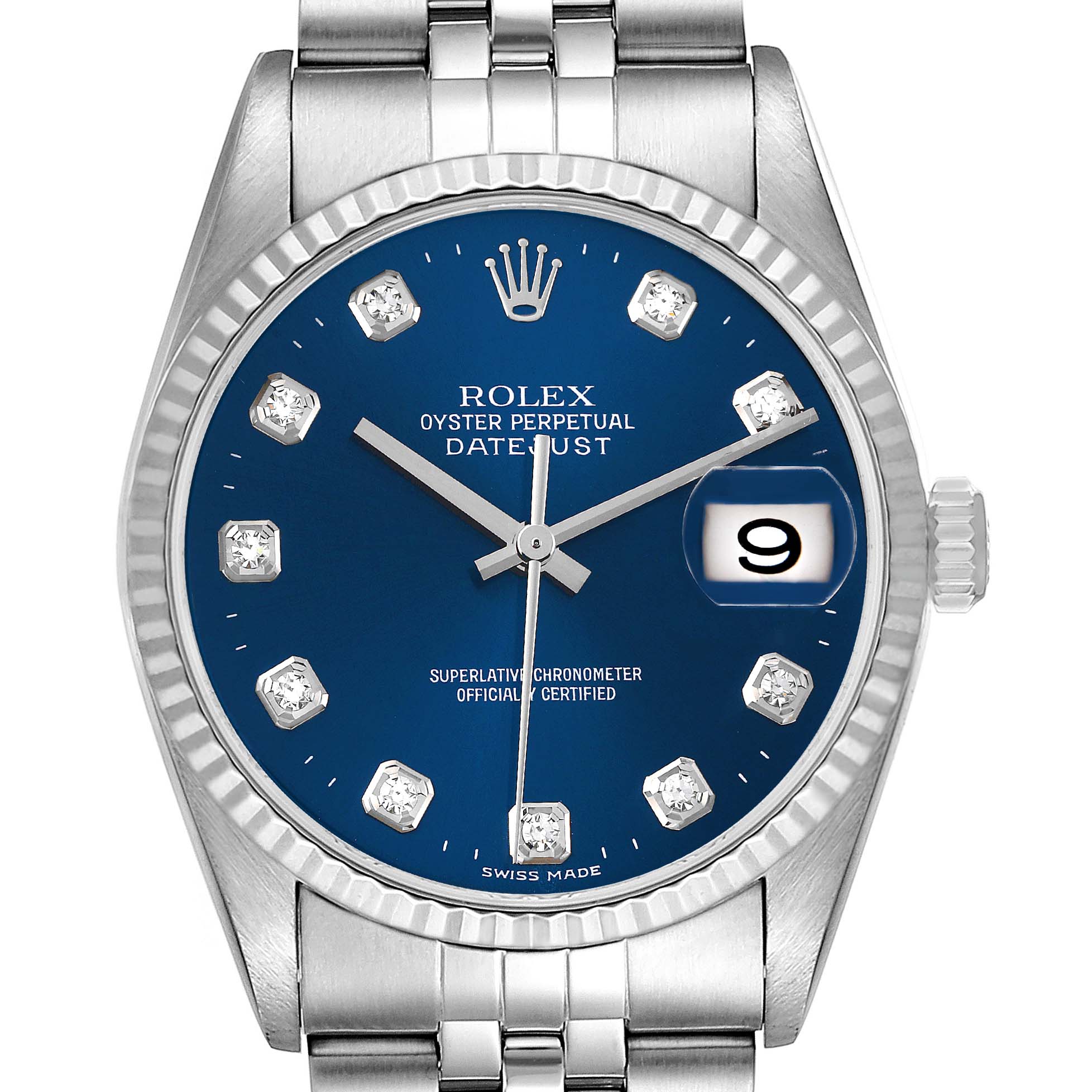 The Rolex Datejust 16234 Men's Stainless Steel Blue Dial 16234 Men's Stainless Steel Blue Dial watch is shown from a front angle, displaying its blue dial, diamond hour markers, and date window at 3 o'clock.